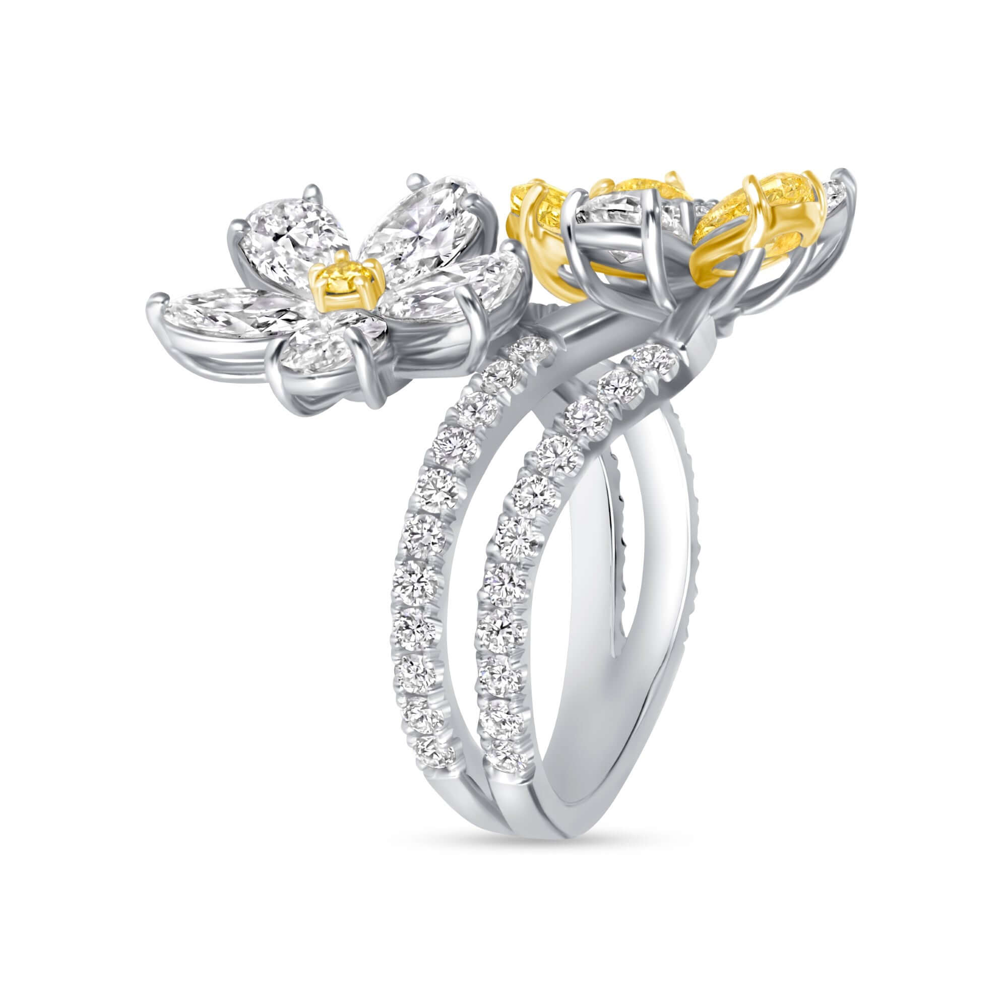 4.15 CT. Yellow and White Diamond Double Flower Bypass Ring with Split Pavé Band - Bypass Ring