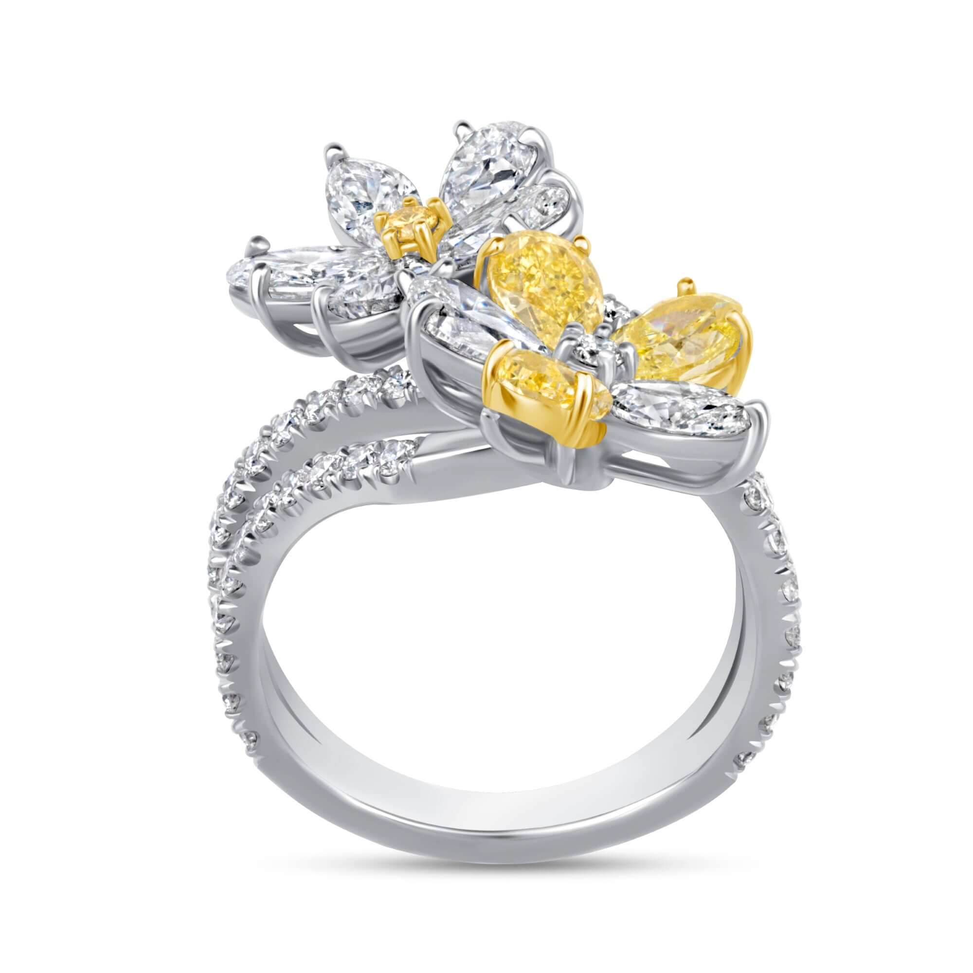 4.15 CT. Yellow and White Diamond Double Flower Bypass Ring with Split Pavé Band - Bypass Ring