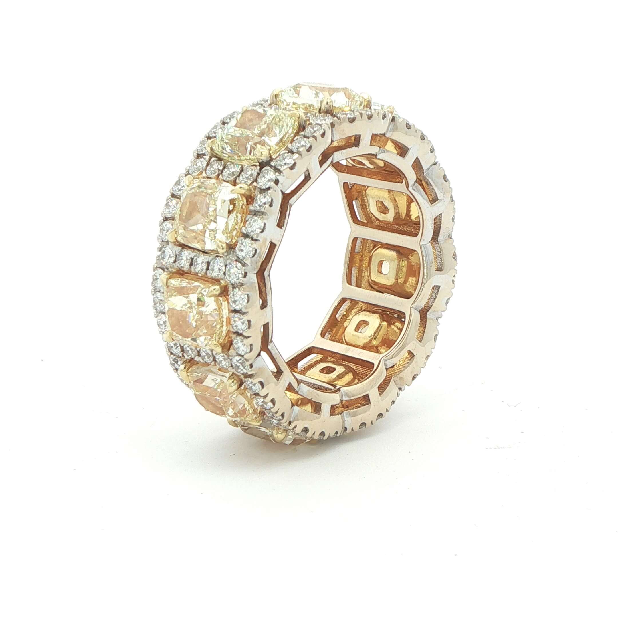 13.35 CT. Fancy Yellow Cushion and White Diamond Eternity Band in 14K Yellow Gold - Eternity Ring