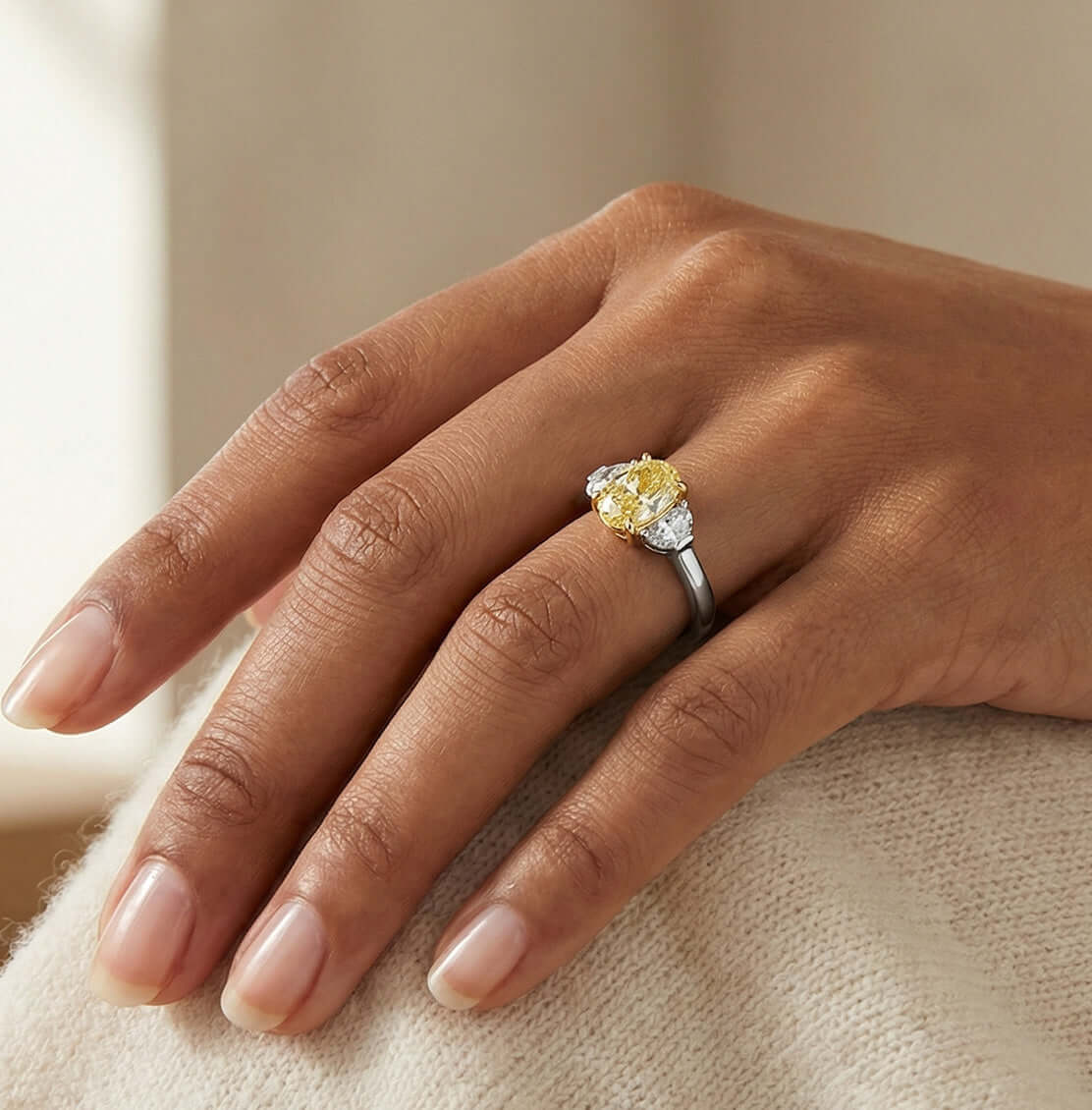 5.57 CT. Yellow Oval and Half Moon Diamond Three Stone Ring in 18K Yellow Gold and Platinum - Engagement Rings