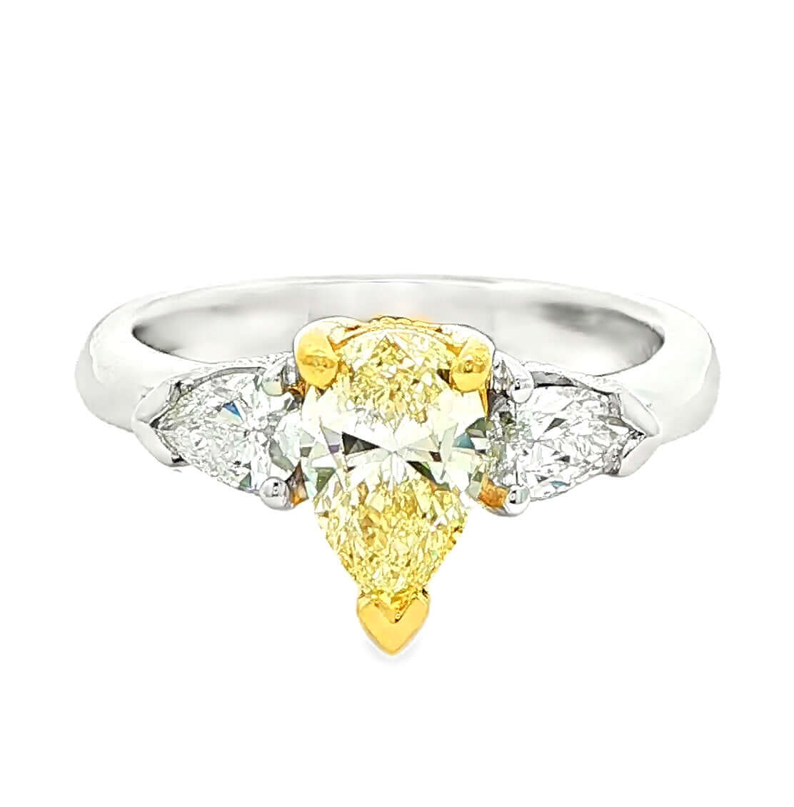 1.35 CT. Three Stone Ring with Fancy Light Yellow Marquise and White Pear Diamonds in 18K Yellow Gold and Platinum - RING