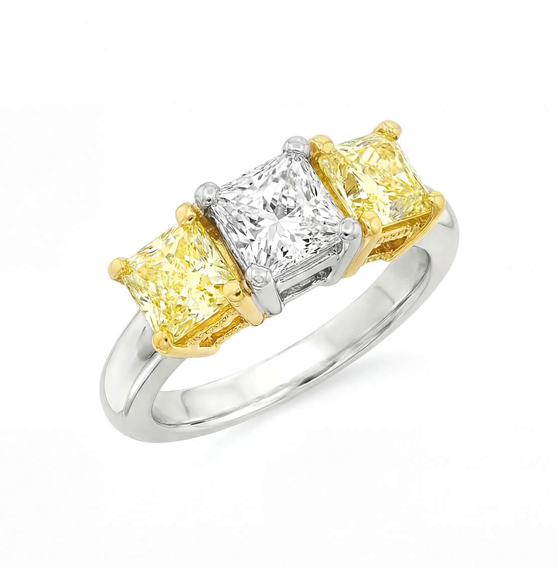 1.71 CT. Three Stone Ring with White and Fancy Yellow Radiant Cut Diamonds in 18K Yellow Gold and Platinum - RING