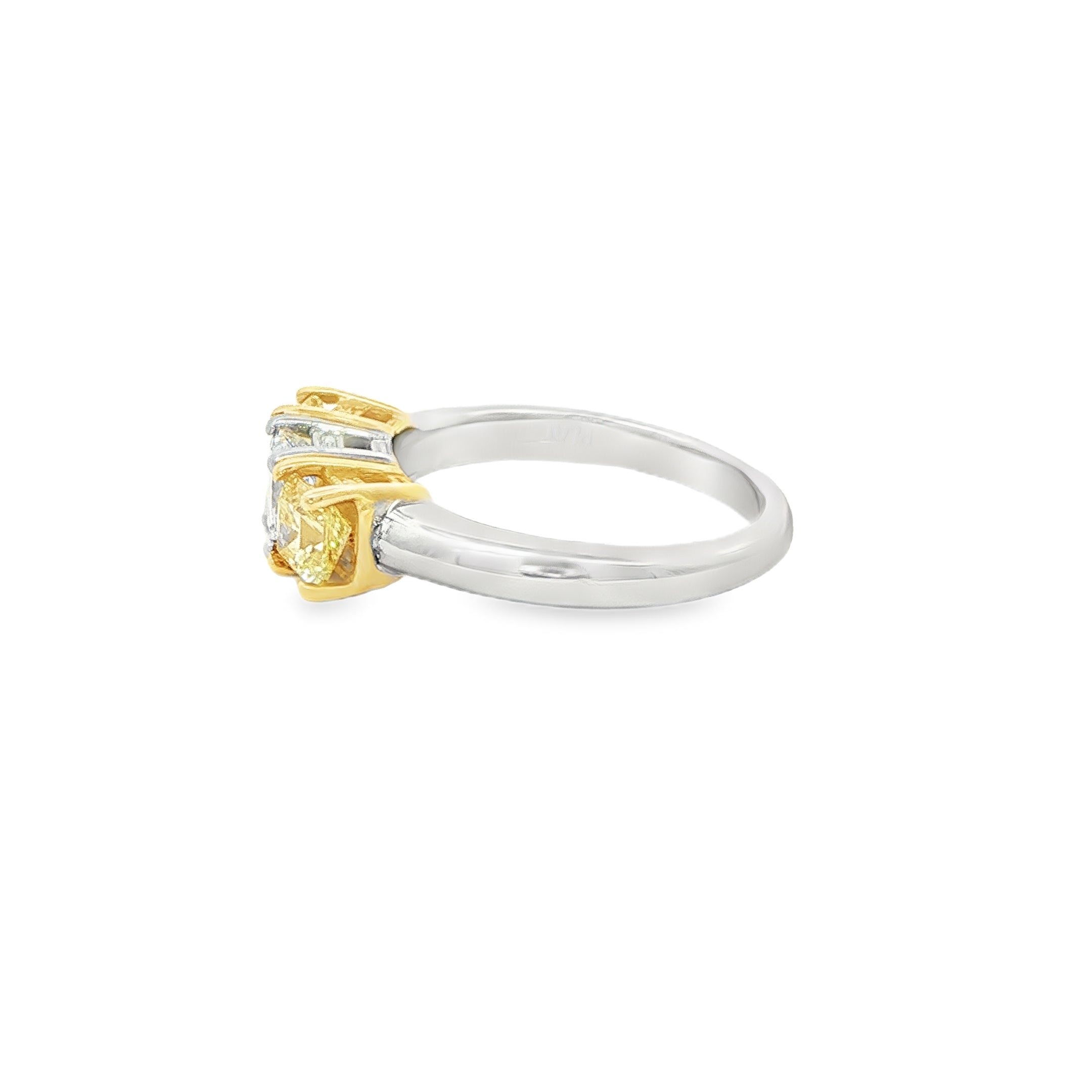 1.71 CT. Three Stone Ring with White and Fancy Yellow Radiant Cut Diamonds in 18K Yellow Gold and Platinum