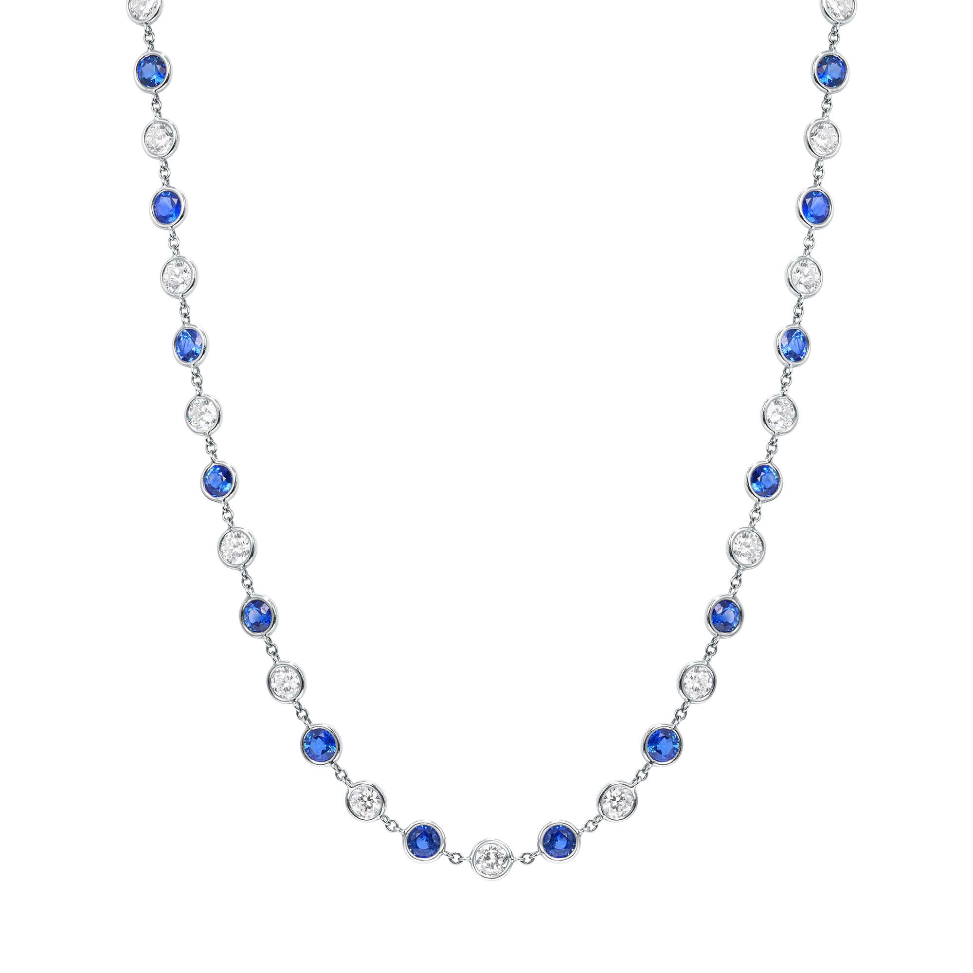 12.9 CT. Alternating Round Brilliant Diamond and Blue Sapphire Bezel Set Necklace in 14K White Gold - Station Necklace