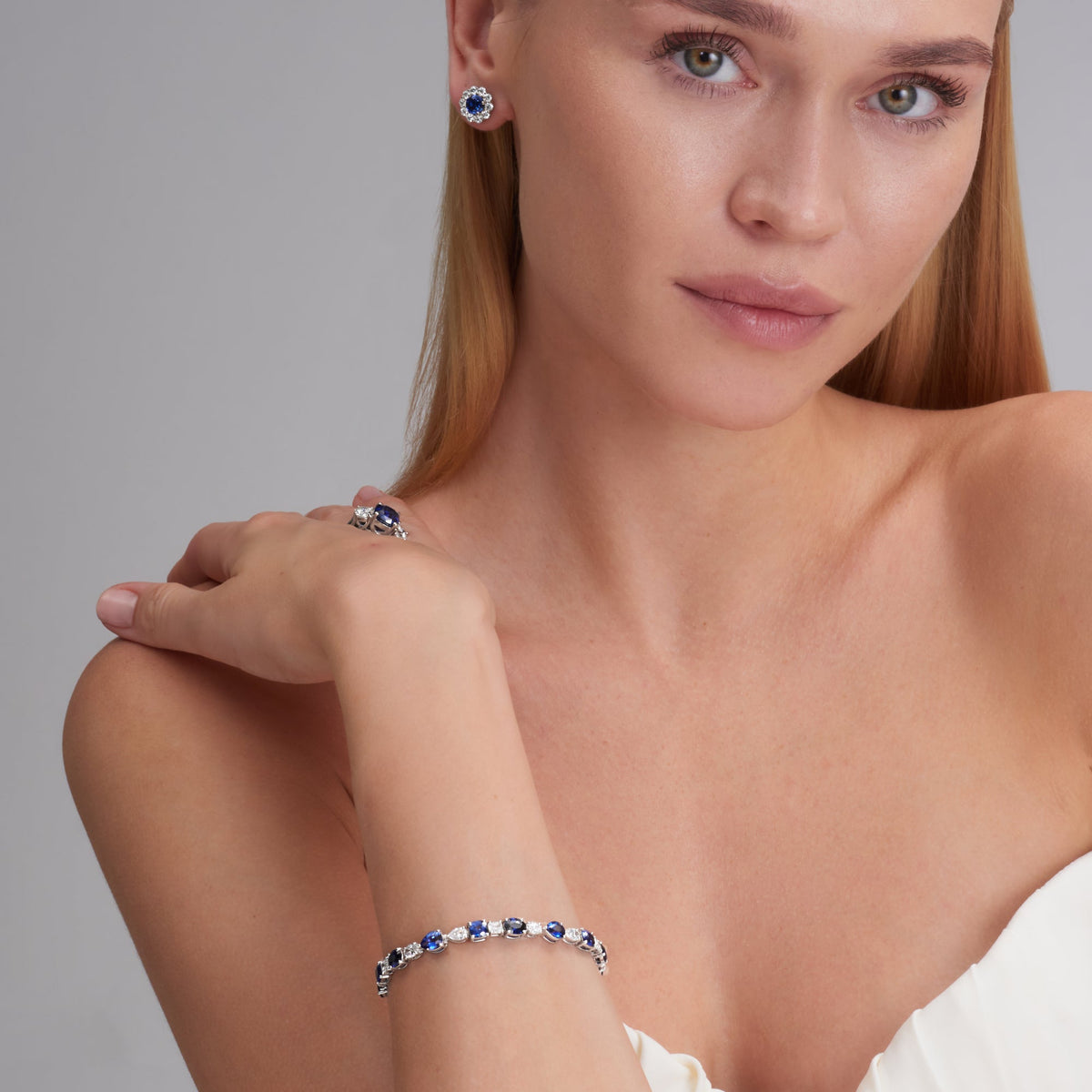18.99 CT. Alternating Mixed Cut Sapphire and Diamond Tennis Bracelet in 14K White Gold - worn on model