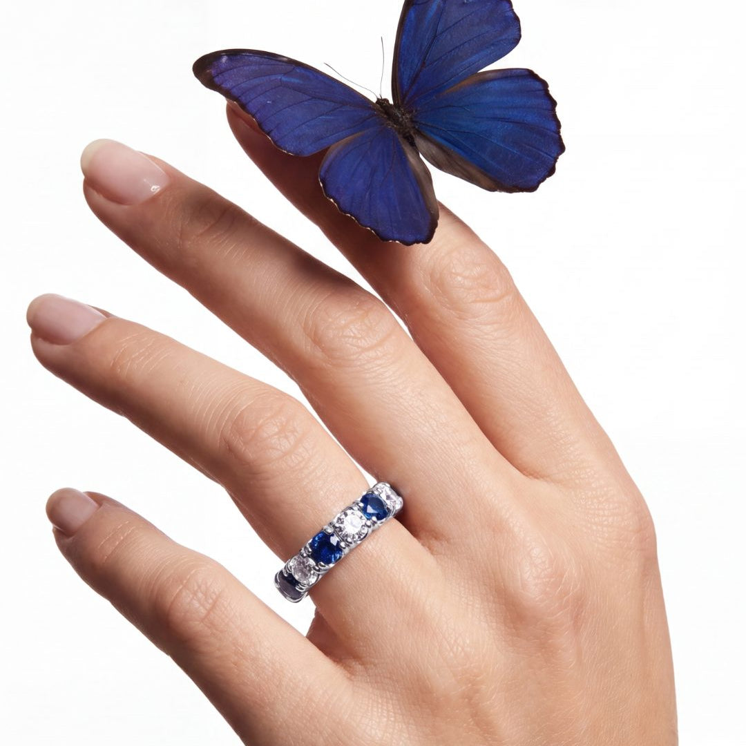 2.9 CT Alternating Round Brilliant Blue Sapphire and Diamond Halfway Ring in Platinum, worn on model, view 2 - fine jewelry in San Francisco