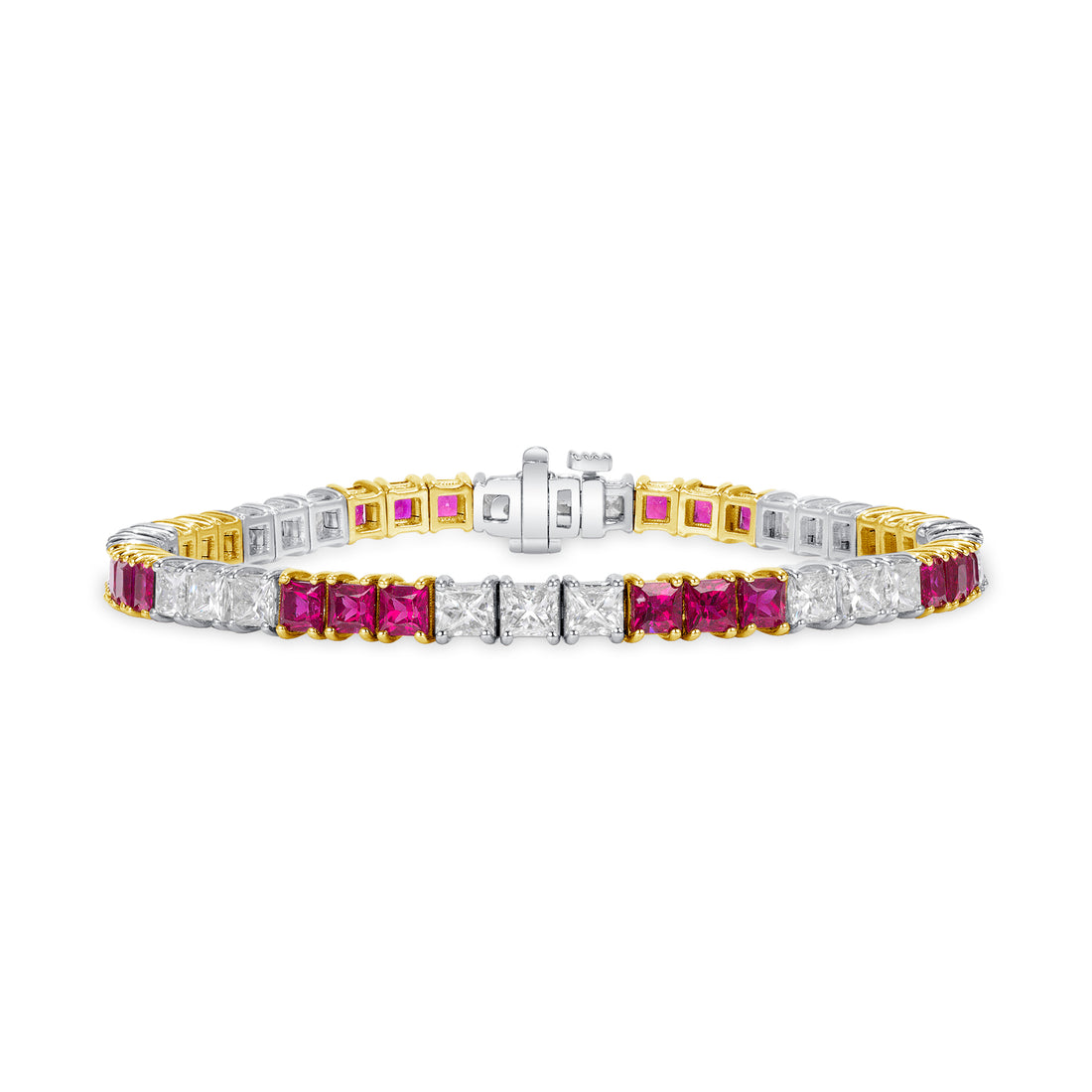 10.48 CT. Princess Cut Ruby and Diamond Tennis Bracelet in 14K White Gold and Yellow Gold
