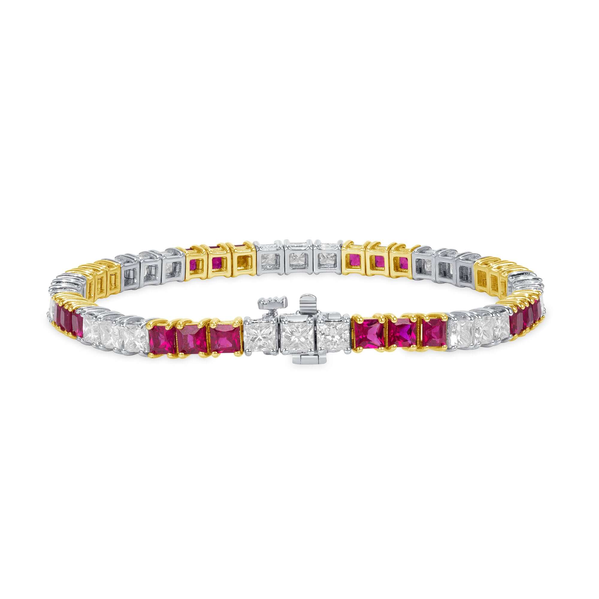 10.48 CT. Princess Cut Ruby and Diamond Tennis Bracelet in 14K White Gold and Yellow Gold - Tennis Bracelet