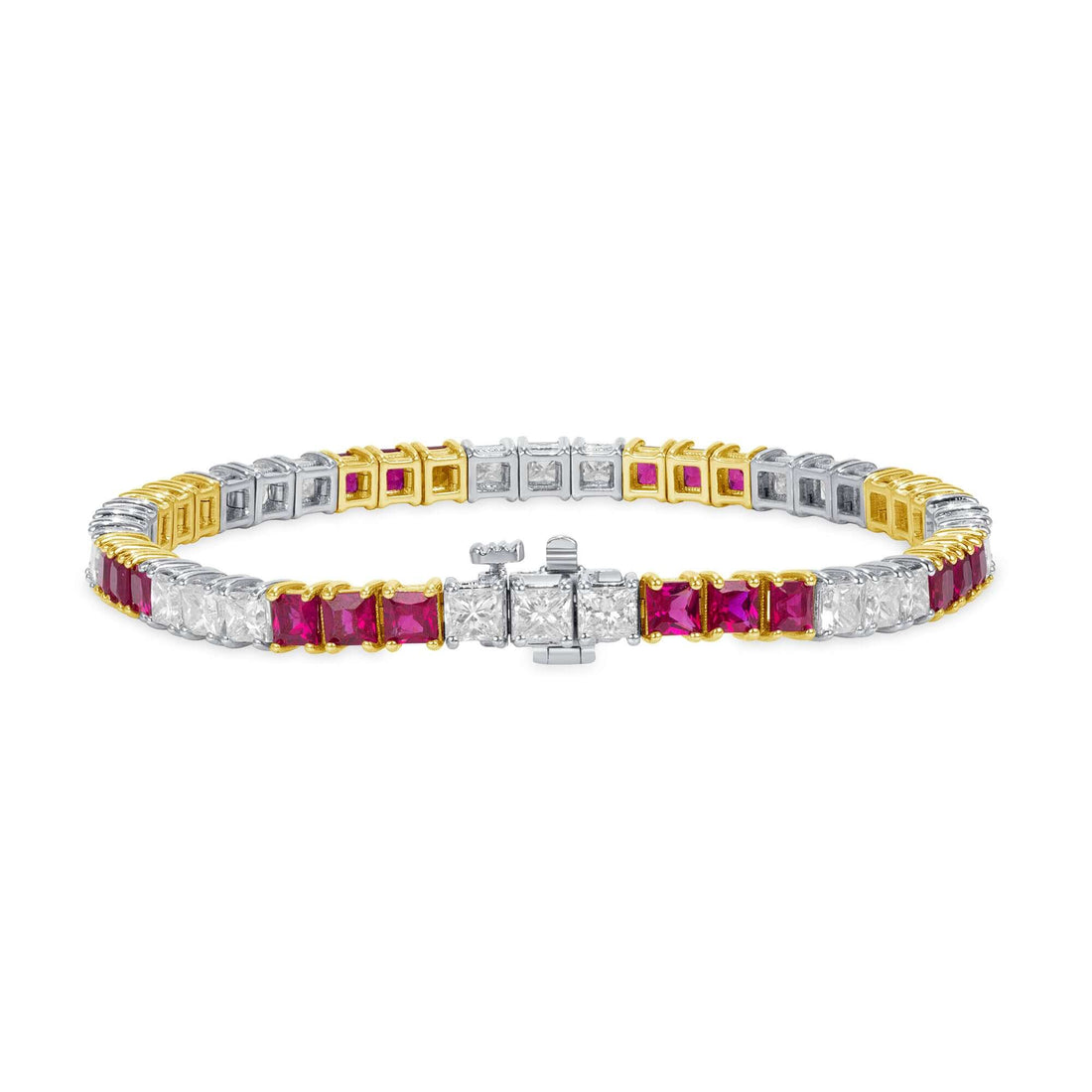 10.48 CT. Princess Cut Ruby and Diamond Tennis Bracelet in 14K White Gold and Yellow Gold - Tennis Bracelet