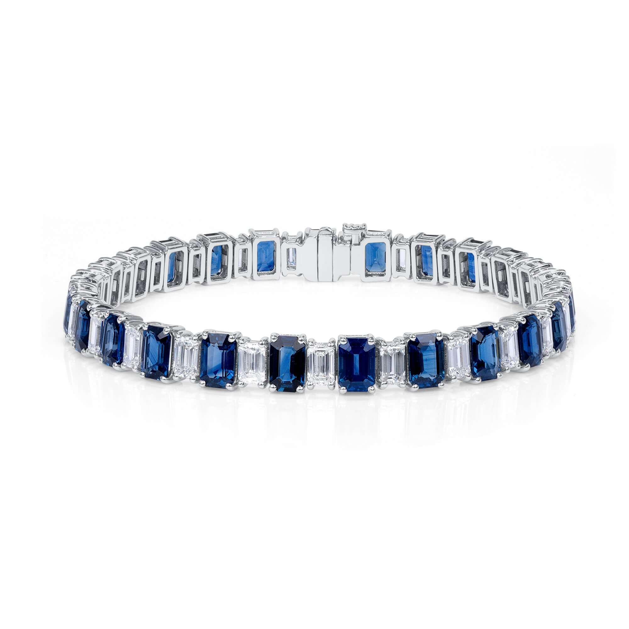 20.26 CT. Alternating Emerald Cut Blue Sapphire and Emerald Cut Diamond Tennis Bracelet in 14K White Gold - Tennis Bracelet