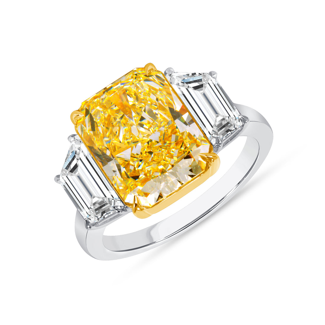 6.48 CT. Radiant Yellow Diamond and Trapezoid Diamond Three Stone Ring in 18K Yellow Gold and Platinum