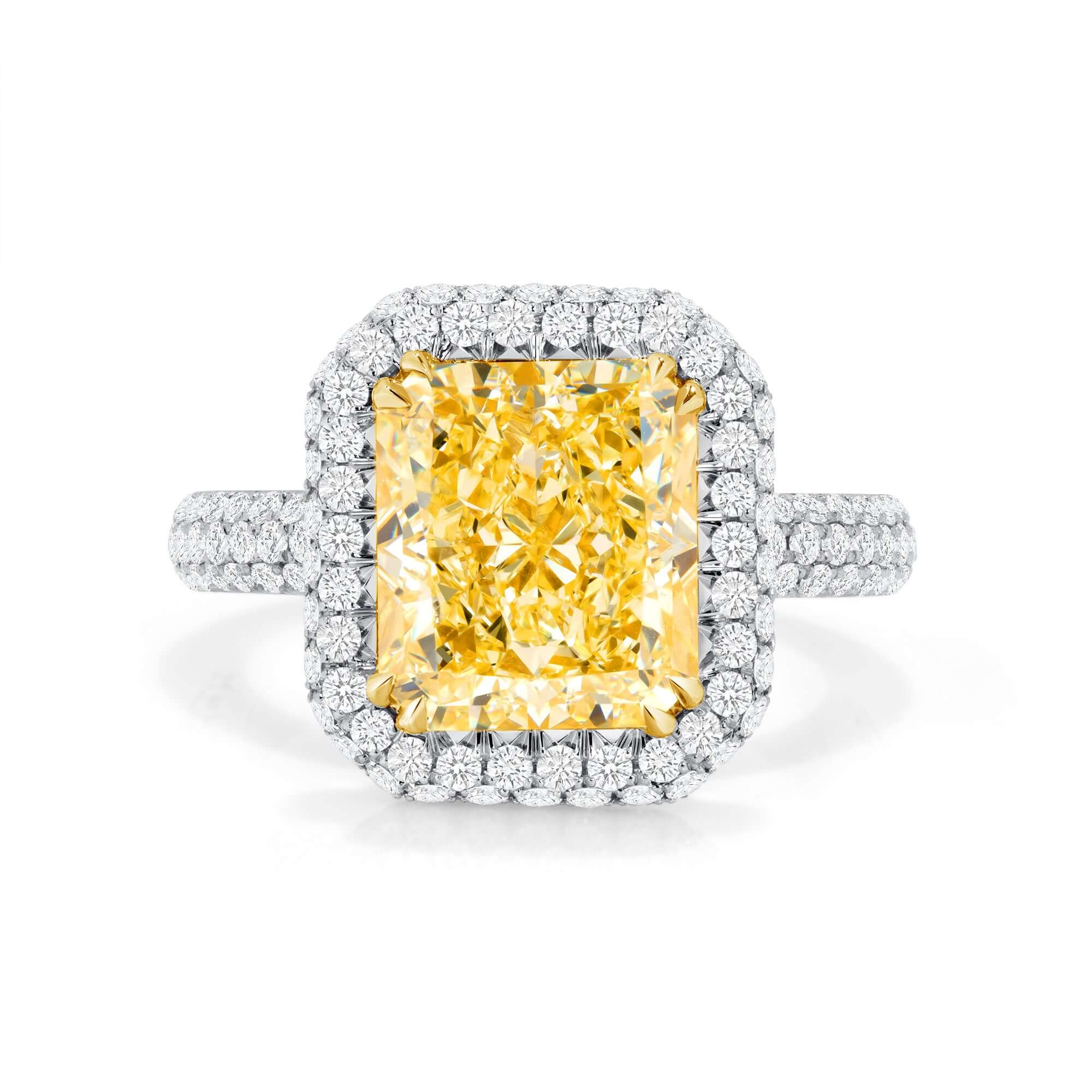 6.33 CT. Radiant Cut WX Yellow Diamond and Round Brilliant Diamond Ring in 18K Yellow Gold and Platinum - Halo Ring