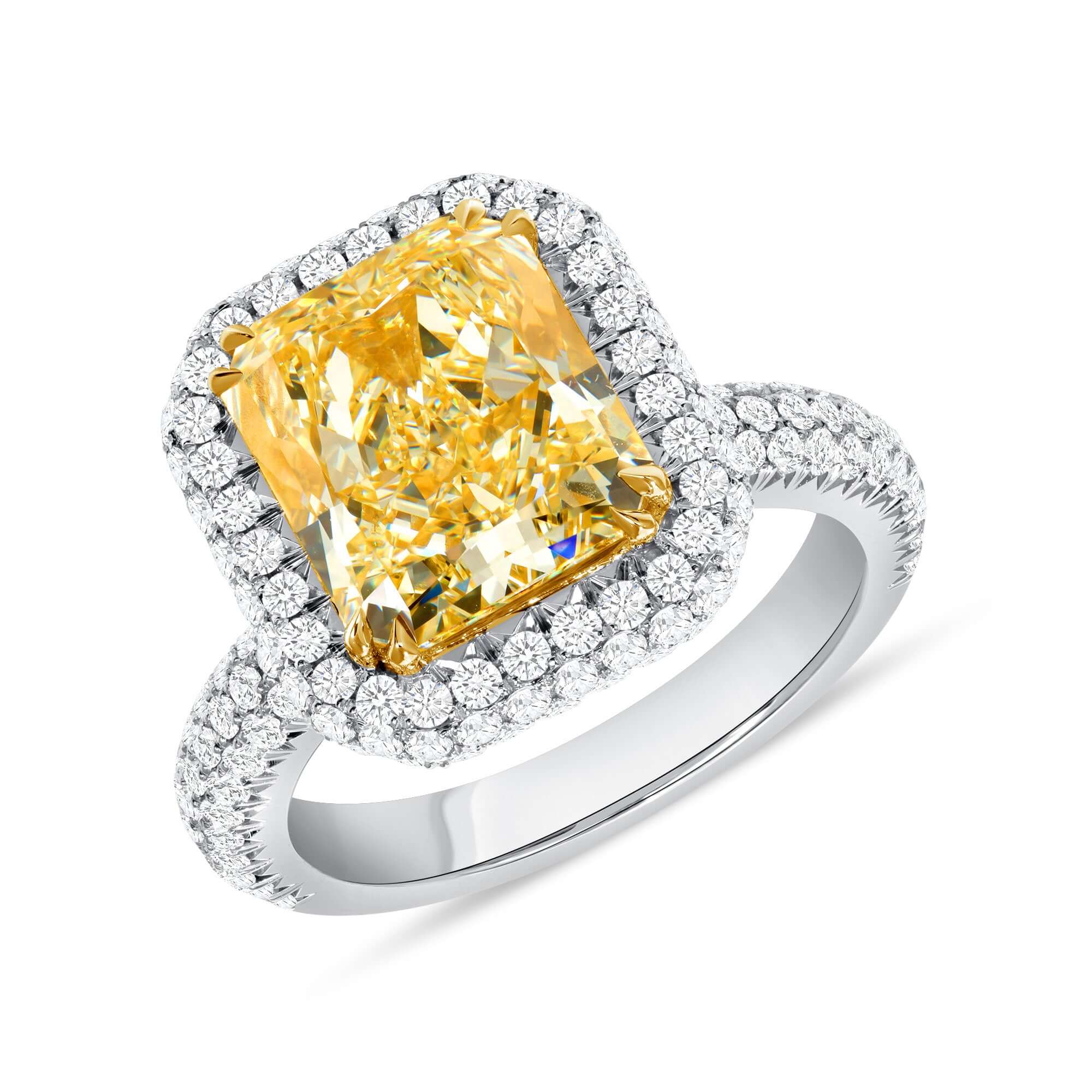6.33 CT. Radiant Cut WX Yellow Diamond and Round Brilliant Diamond Ring in 18K Yellow Gold and Platinum - Halo Ring