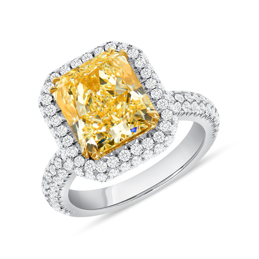 6.33 CT. Radiant Cut WX Yellow Diamond and Round Brilliant Diamond Ring in 18K Yellow Gold and Platinum