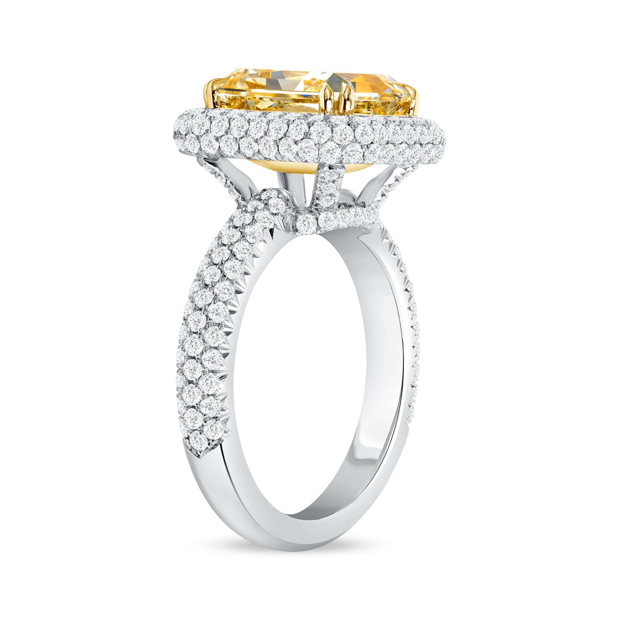 6.33 CT. Radiant Cut WX Yellow Diamond and Round Brilliant Diamond Ring in 18K Yellow Gold and Platinum - Halo Ring