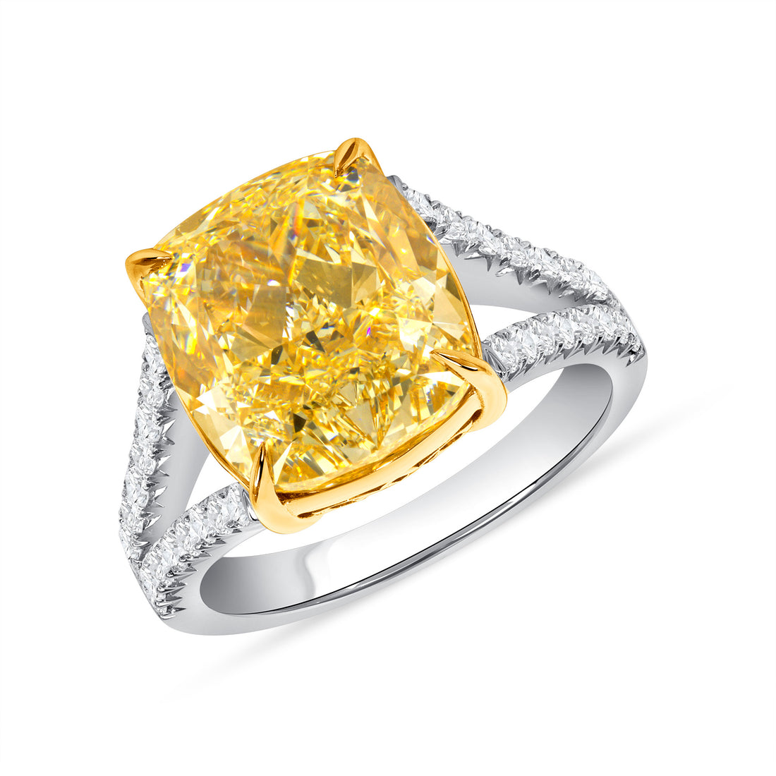8.36 CT. Cushion Yellow Diamond and Round Brilliant Diamond Ring in 18K Yellow Gold and Platinum