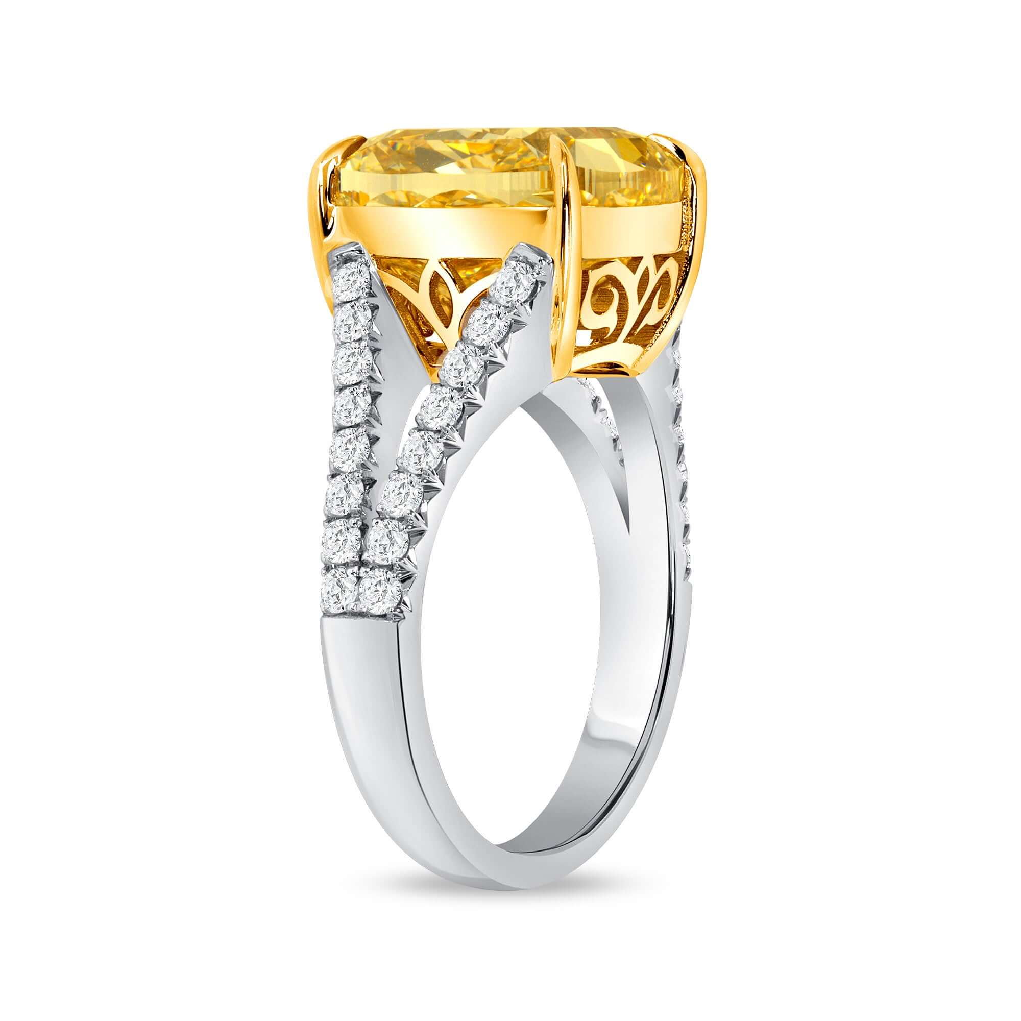 8.36 CT. Cushion Yellow Diamond and Round Brilliant Diamond Ring in 18K Yellow Gold and Platinum - Pavé Ring