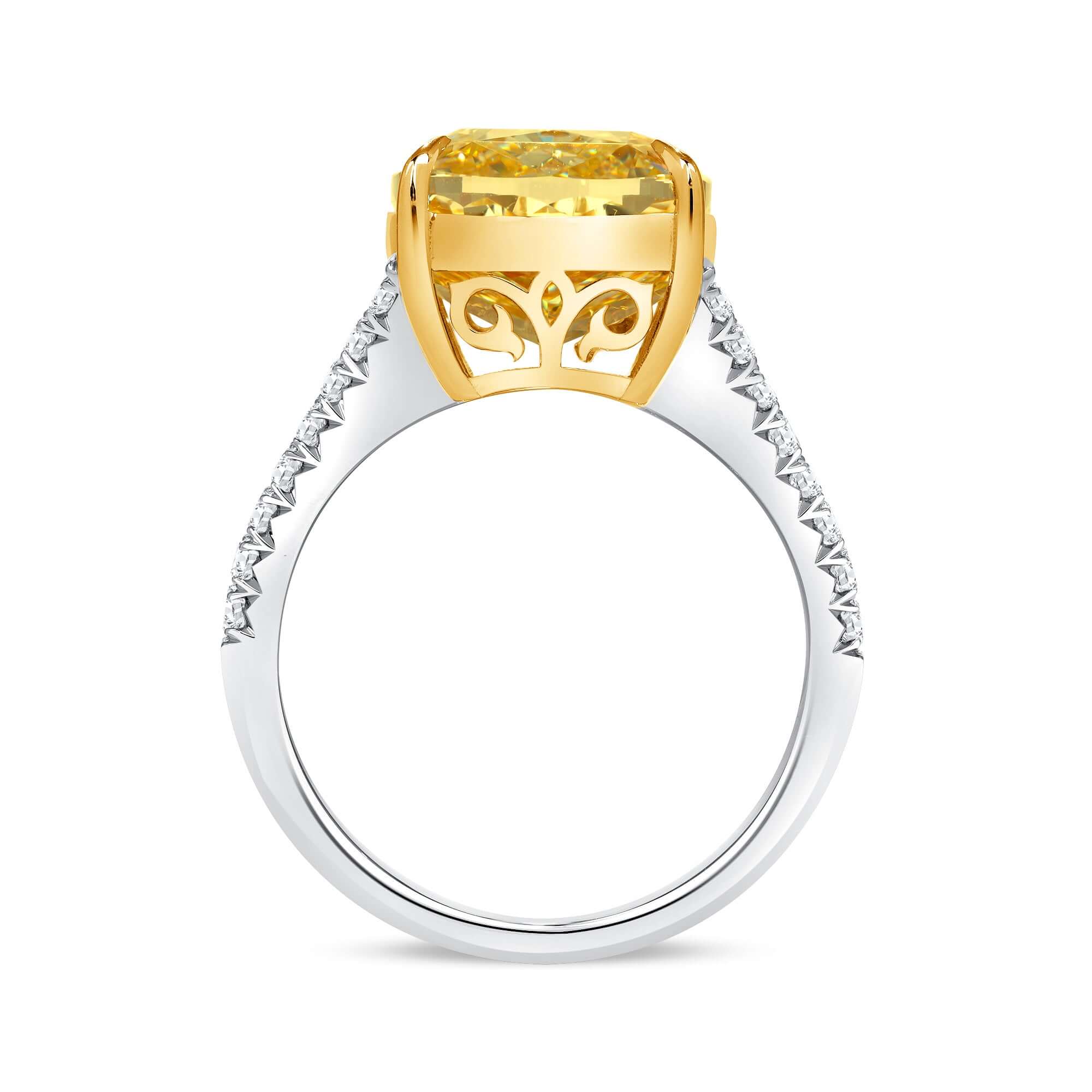 8.36 CT. Cushion Yellow Diamond and Round Brilliant Diamond Ring in 18K Yellow Gold and Platinum - Pavé Ring