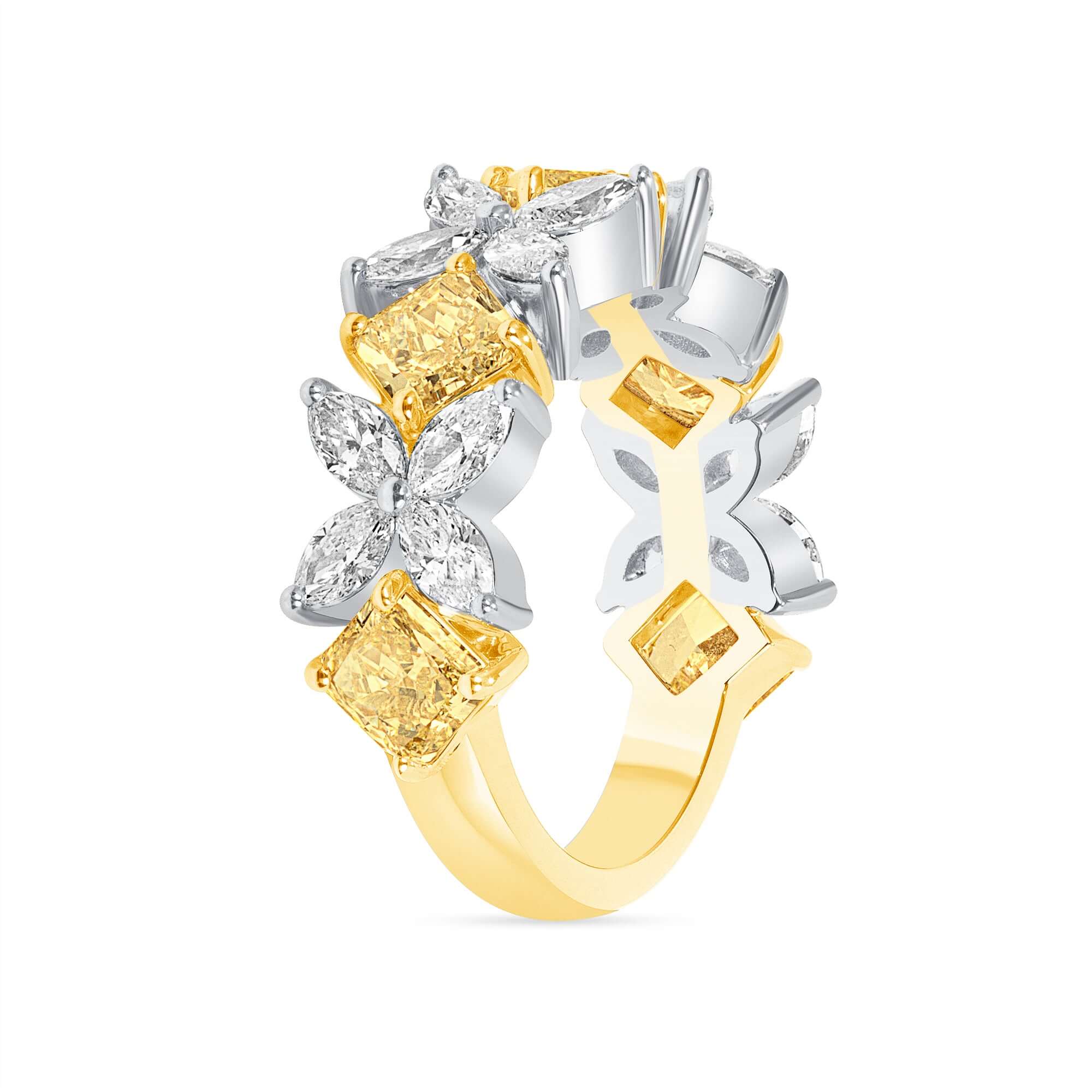 3.46 CT. Square Fancy Yellow Diamond and Marquise Diamond Ring in 18K Yellow Gold and Platinum - Half Eternity Ring
