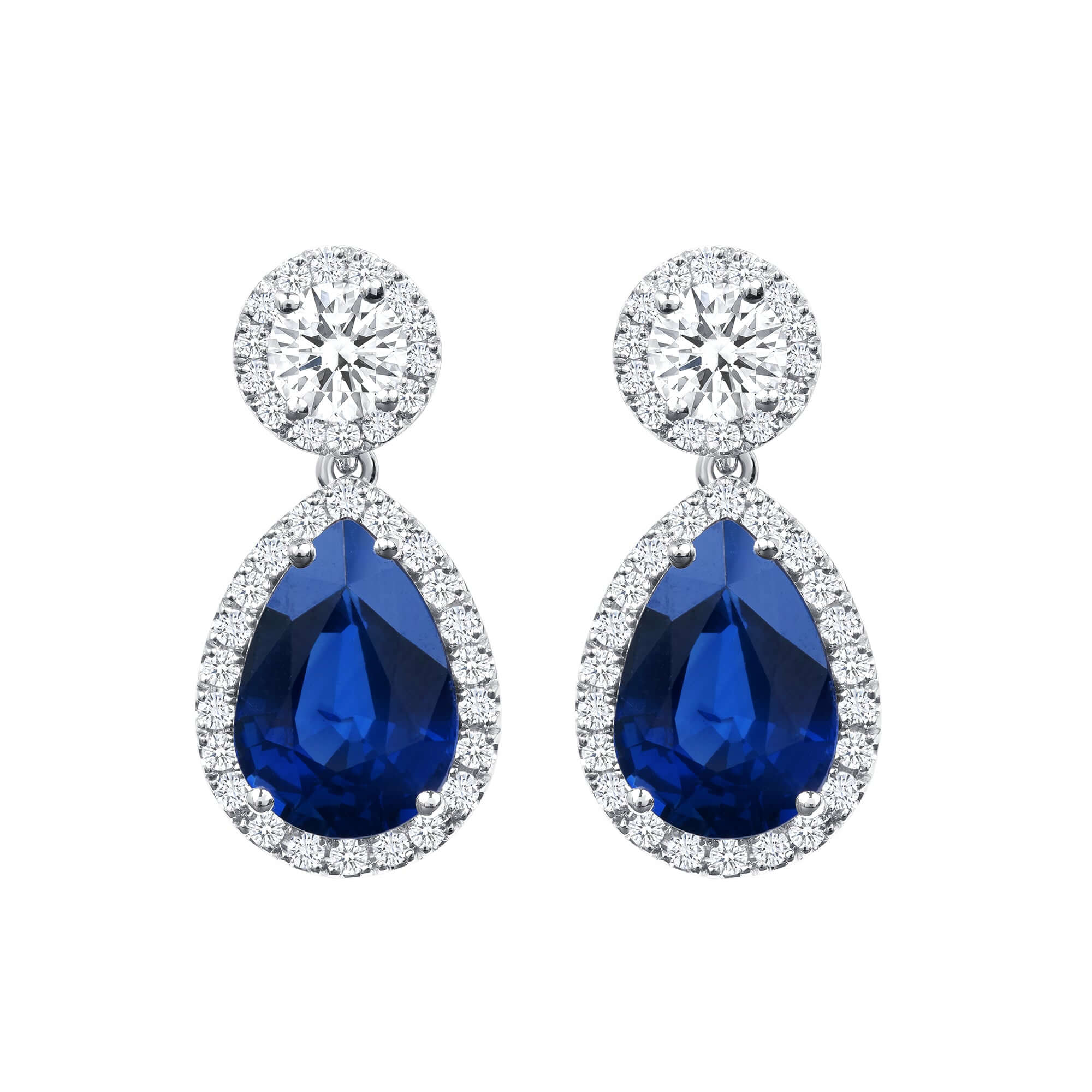 8.97 CT. Halo Pear Cut Blue Sapphire and Round Brilliant Diamond Drop Earrings in Platinum - Teardrop Earring