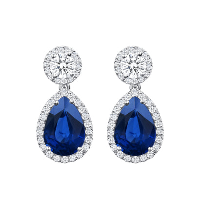 8.97 CT. Halo Pear Cut Blue Sapphire and Round Brilliant Diamond Drop Earrings in Platinum