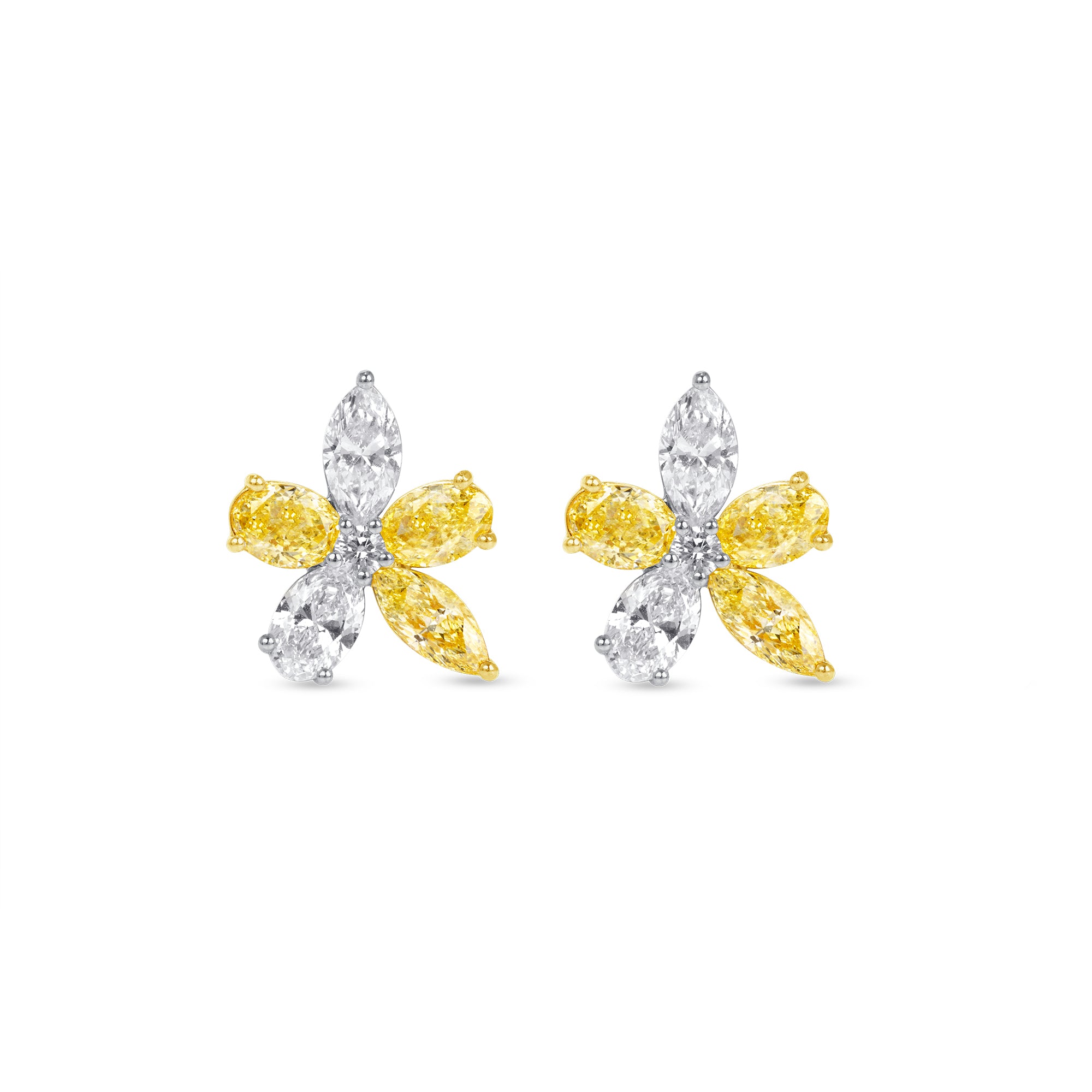 3.14 CT. Fancy Shape Fancy Yellow Diamond Flower Stud Earrings in 14K White Gold