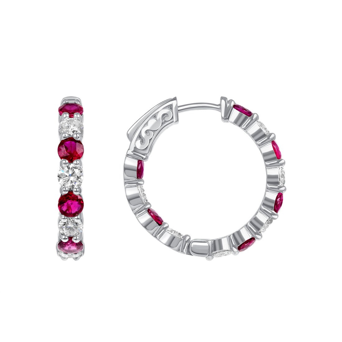 4.41 CT. Alternating Round Brilliant Diamond and Ruby Hoop Earrings in 14K White Gold