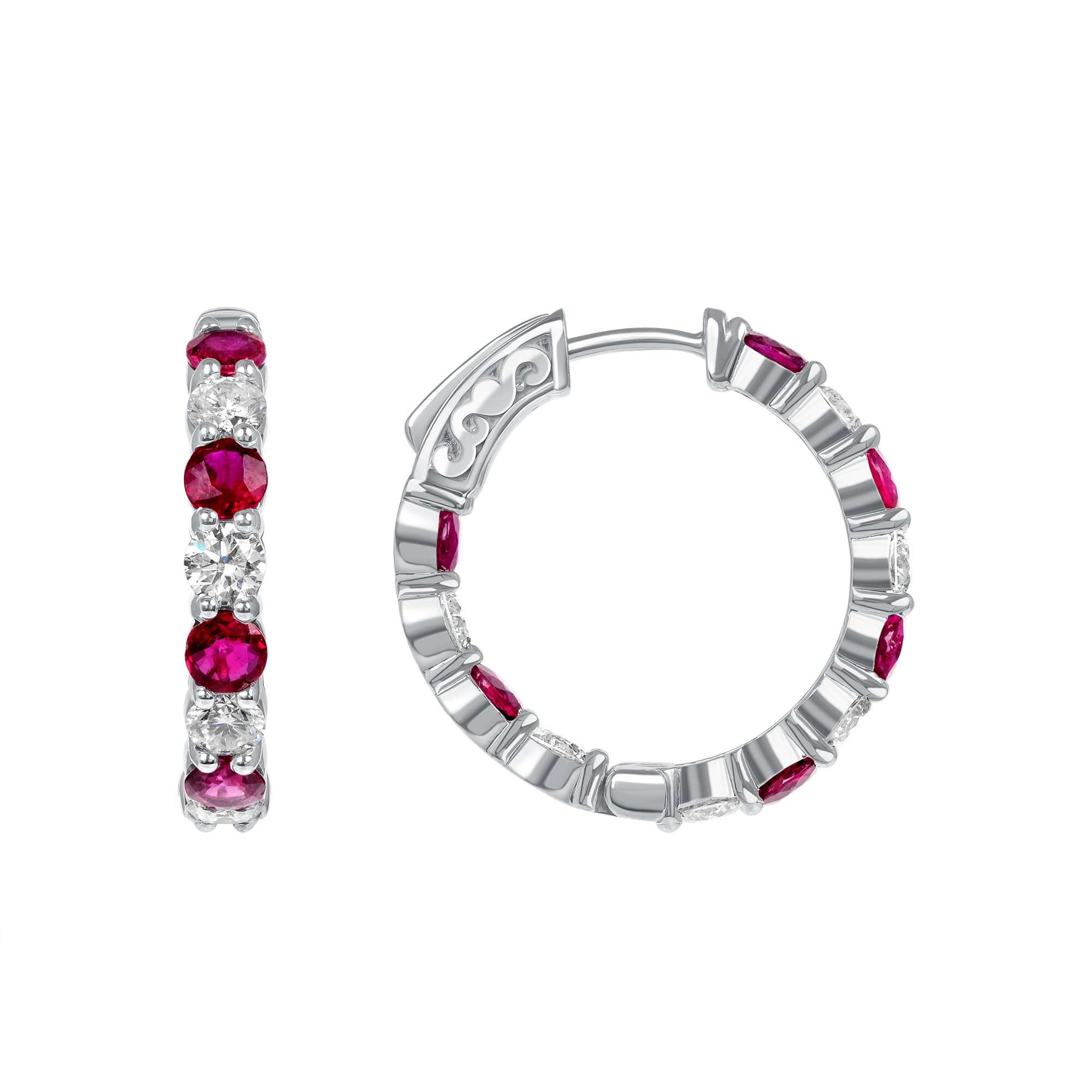 4.41 CT. Alternating Round Brilliant Diamond and Ruby Hoop Earrings in 14K White Gold - Hoop Earring