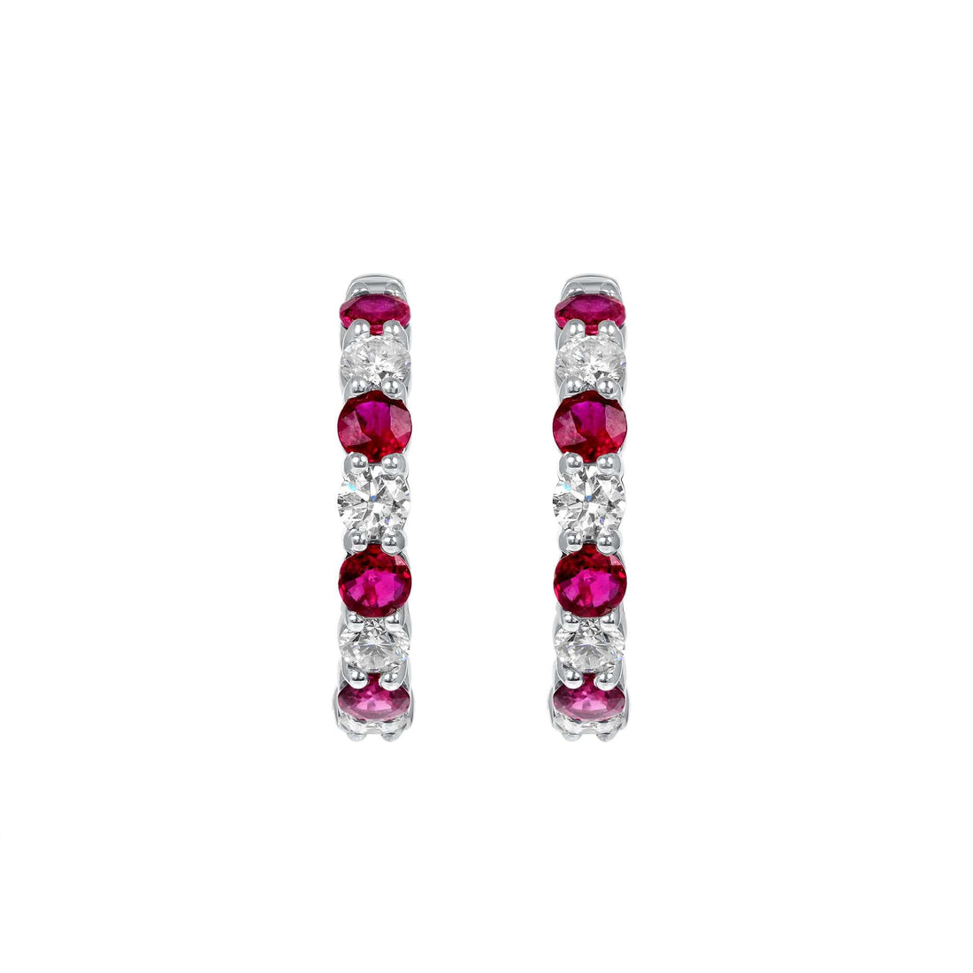 4.41 CT. Alternating Round Brilliant Diamond and Ruby Hoop Earrings in 14K White Gold - Hoop Earring