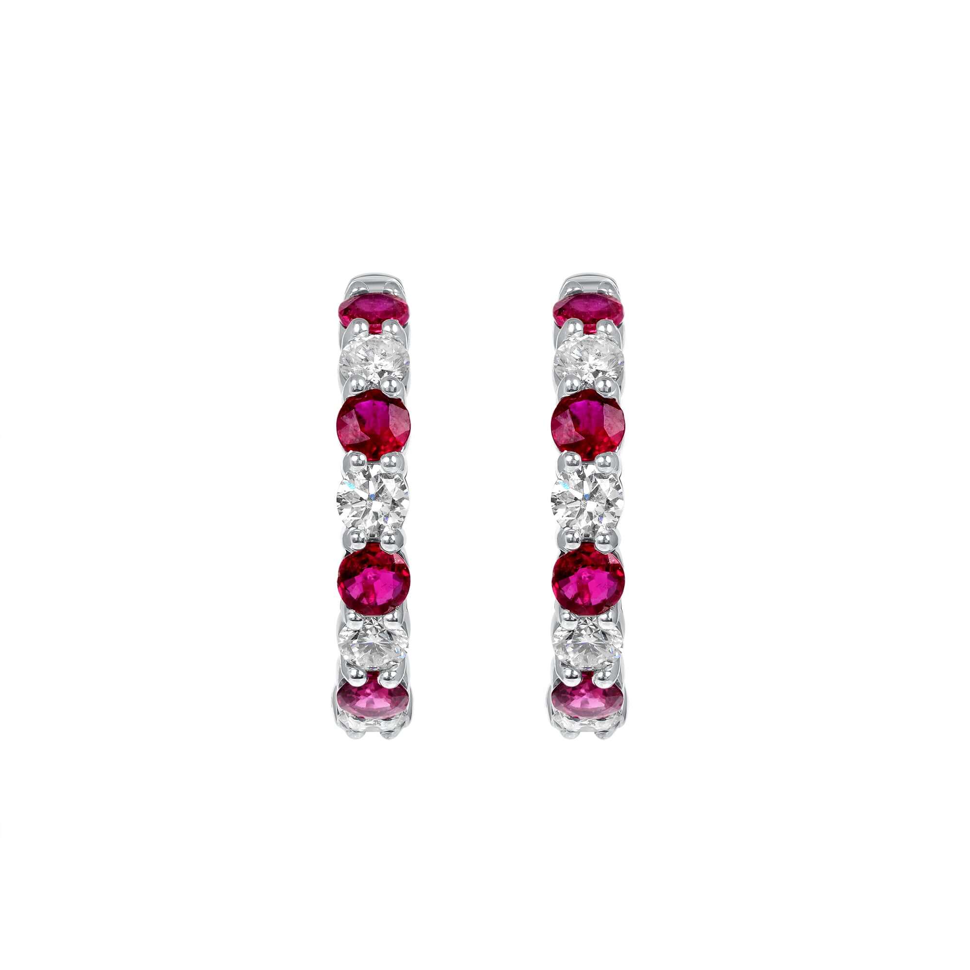 4.41 CT. Alternating Round Brilliant Diamond and Ruby Hoop Earrings in 14K White Gold - Hoop Earring