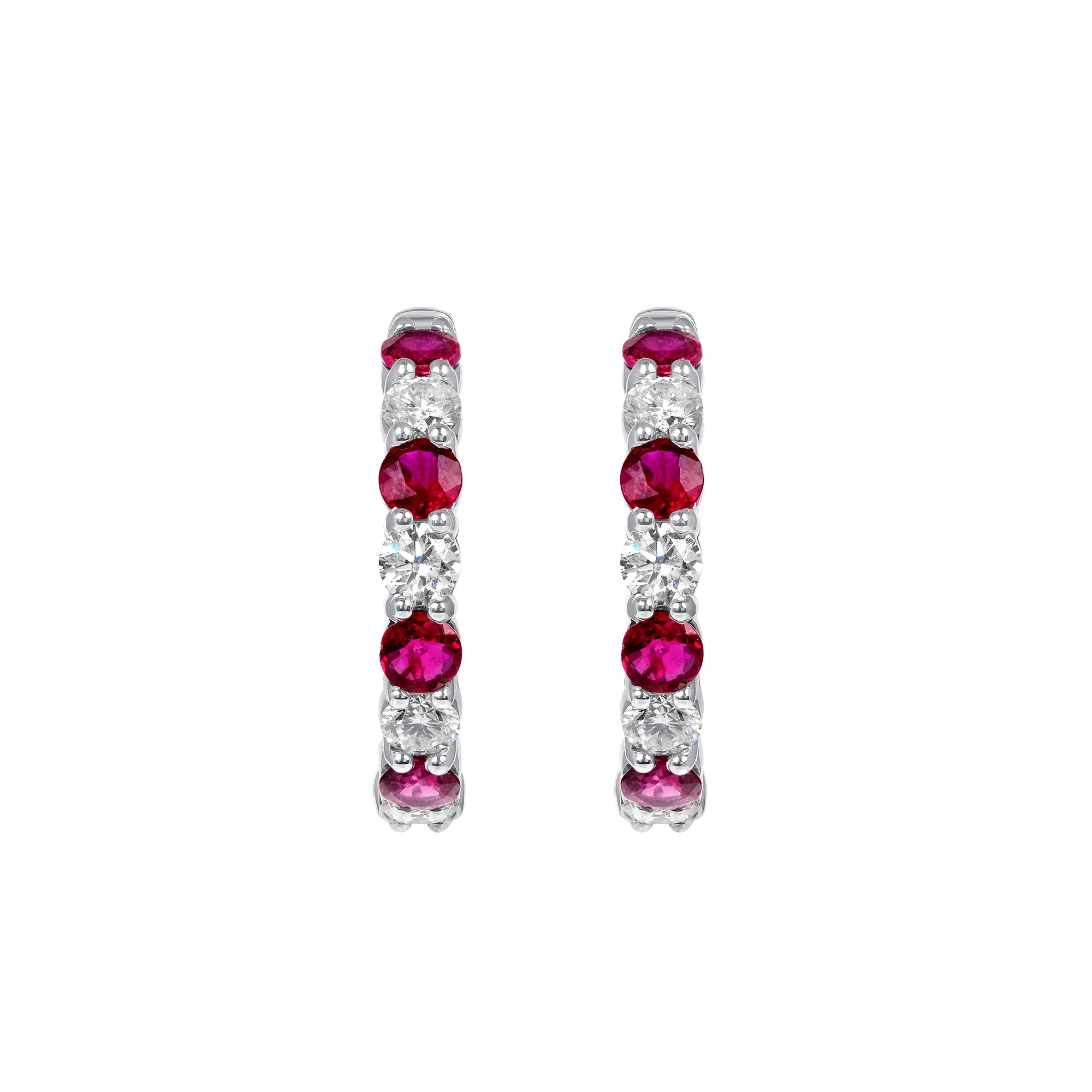 4.41 CT. Alternating Round Brilliant Diamond and Ruby Hoop Earrings in 14K White Gold