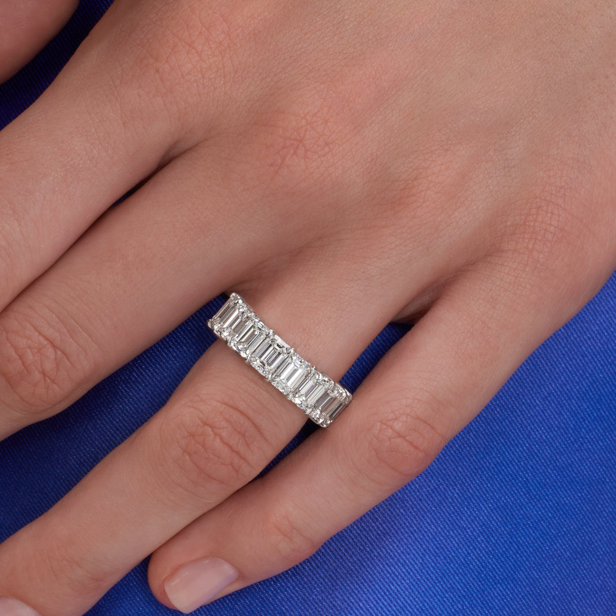 8.25 CT. Emerald Cut Diamond Eternity Band in Platinum - worn on model