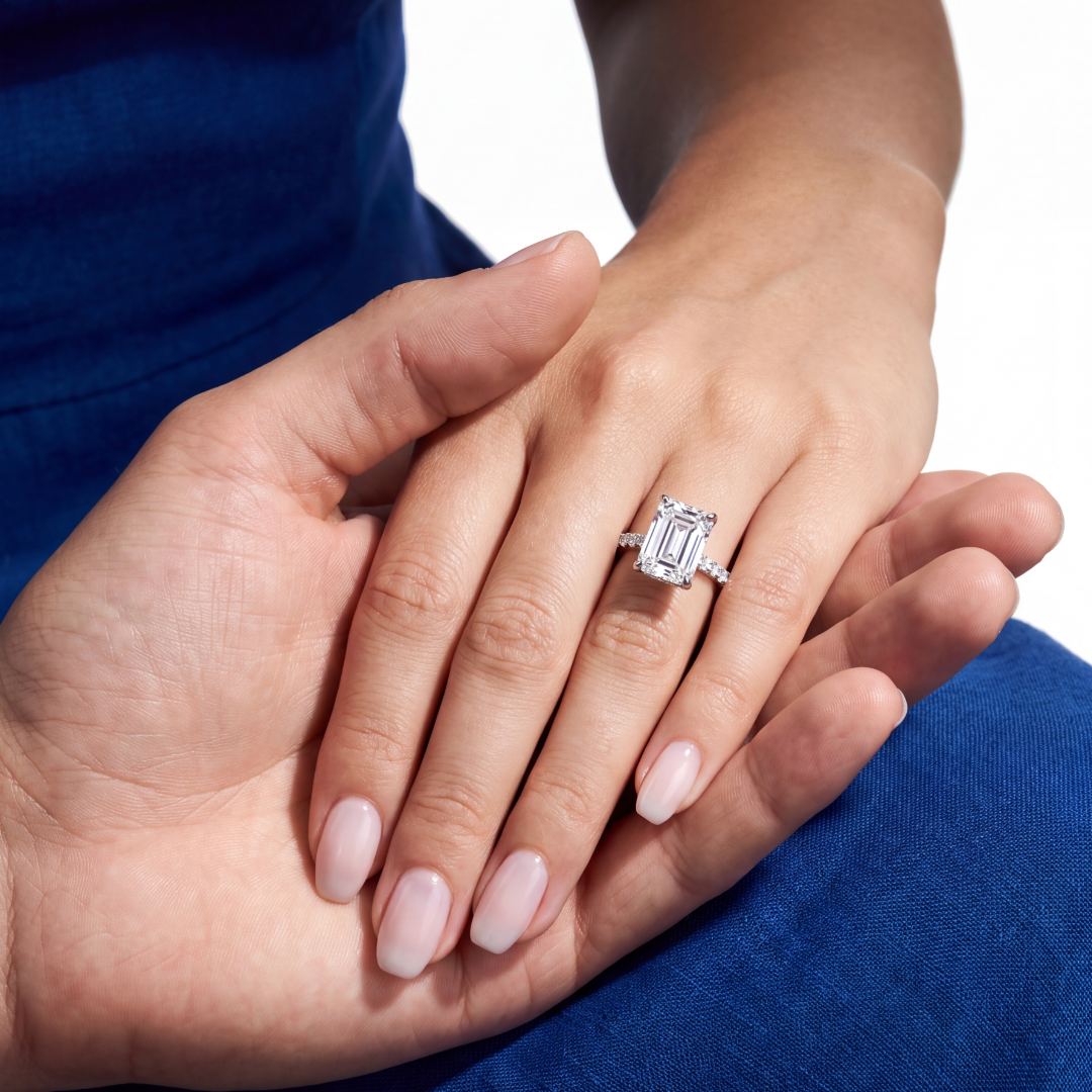 2.0 CT. Emerald Cut Hidden Halo Diamond Pave Engagement Ring in Platinum - worn on model