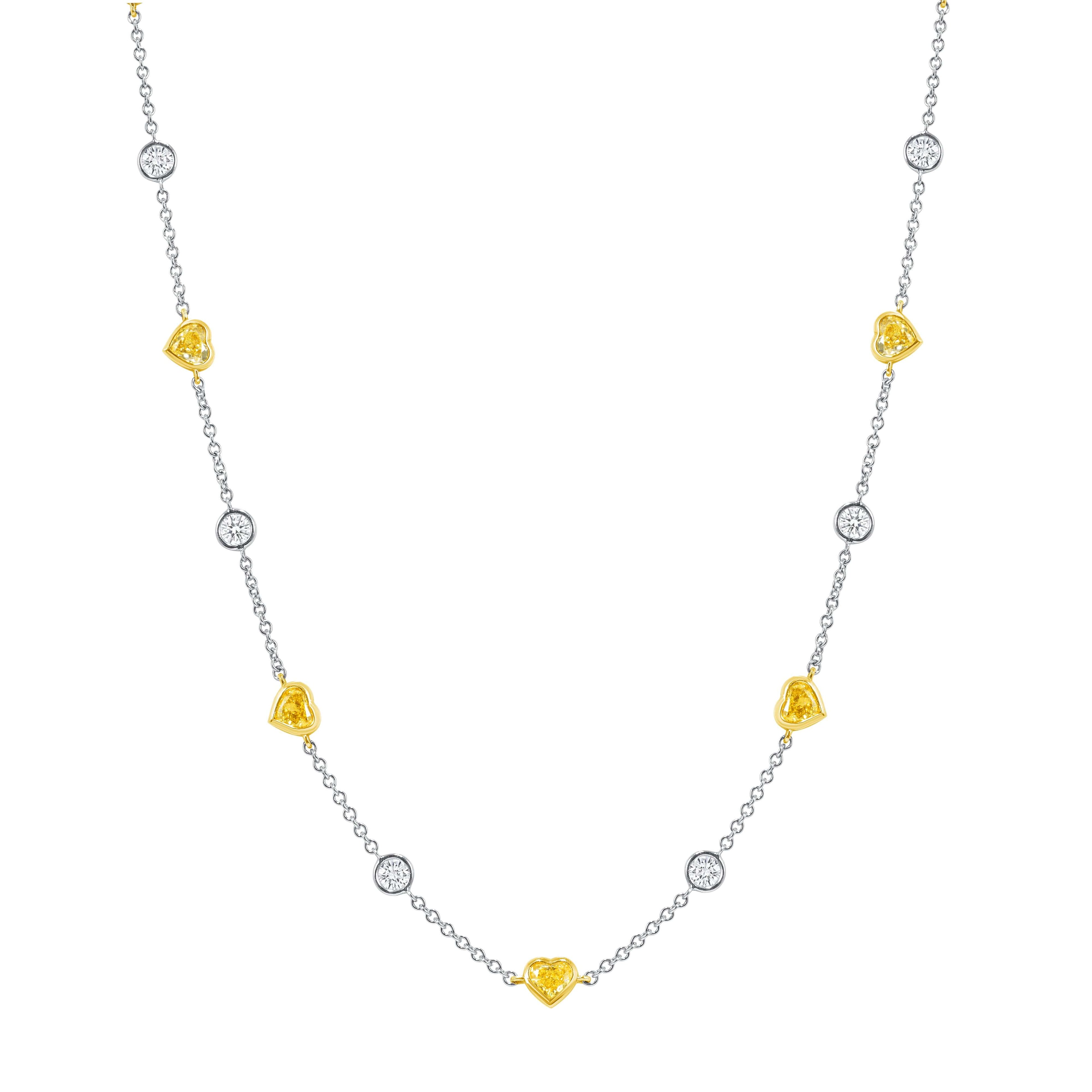 5.82 CT. Heart Shape Fancy Yellow Diamond and Round Brilliant Diamond Necklace in 18K White Gold and Yellow Gold - Station Necklace