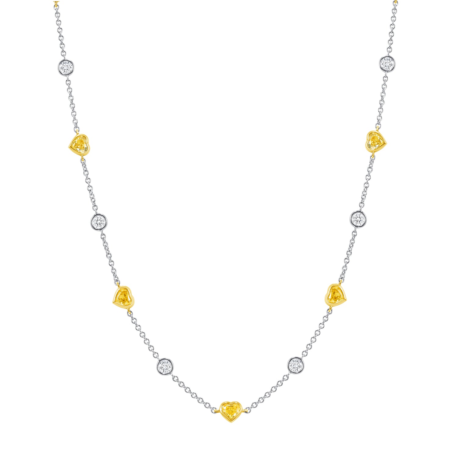 5.82 CT. Heart Shape Fancy Yellow Diamond and Round Brilliant Diamond Necklace in 18K White Gold and Yellow Gold