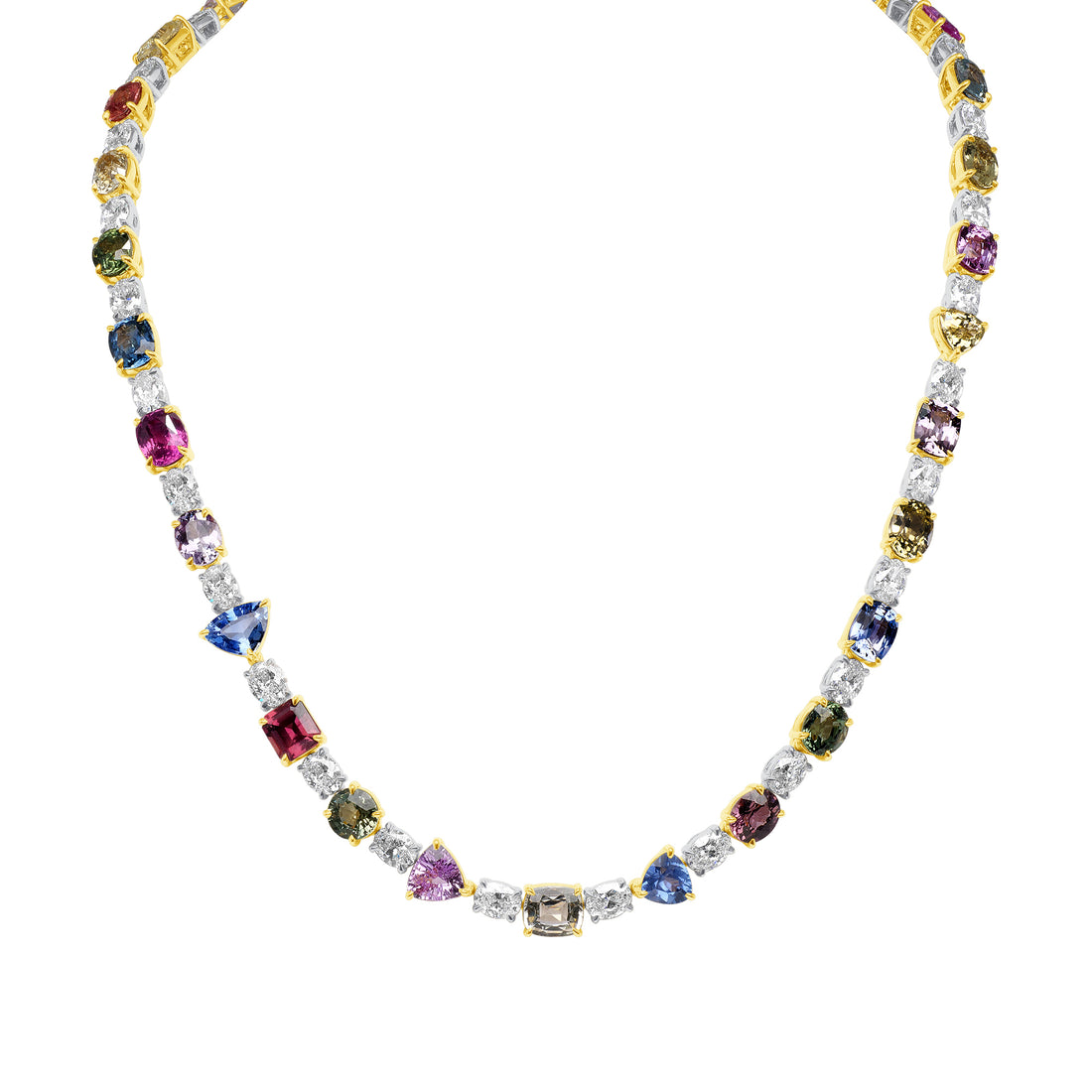 53.06 CT. Fancy Shape Sapphire and Oval Cut Diamond Tennis Necklace in 18K White Gold and Yellow Gold