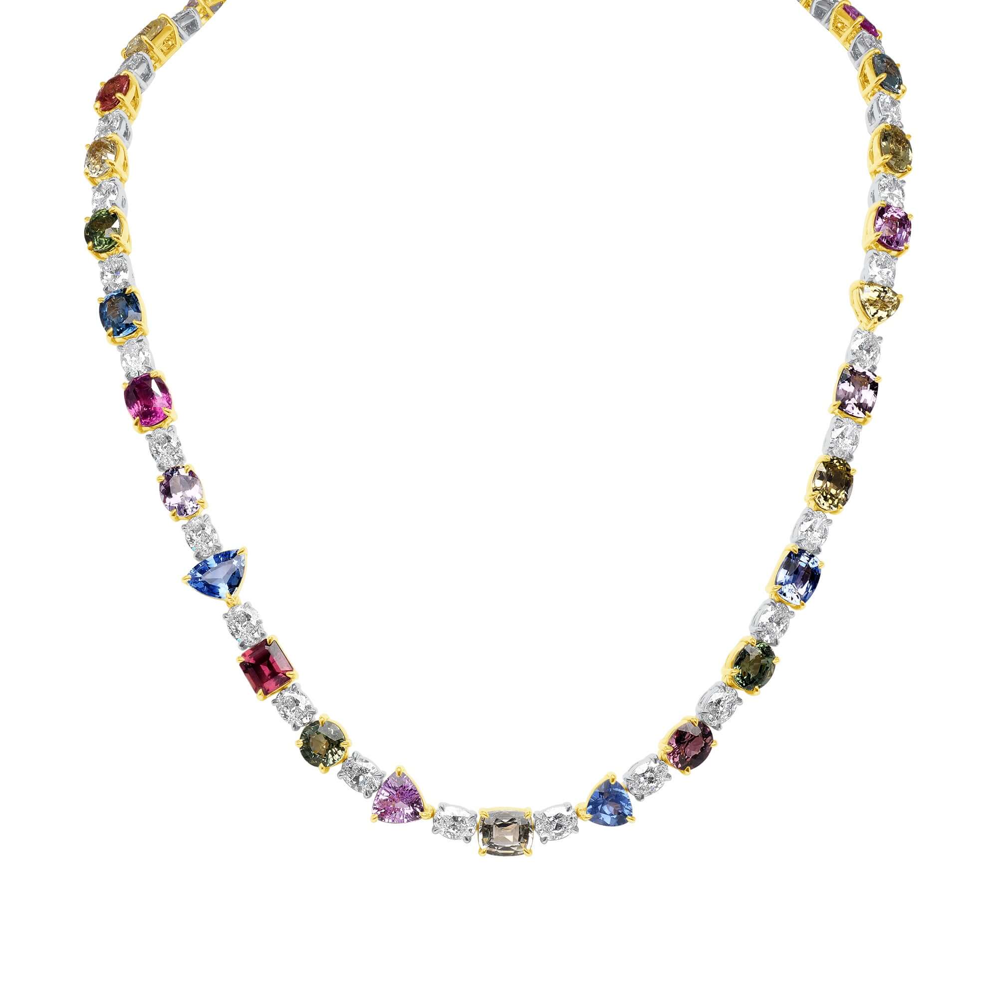 53.06 CT. Fancy Shape Sapphire and Oval Cut Diamond Tennis Necklace in 18K White Gold and Yellow Gold - Tennis Necklace