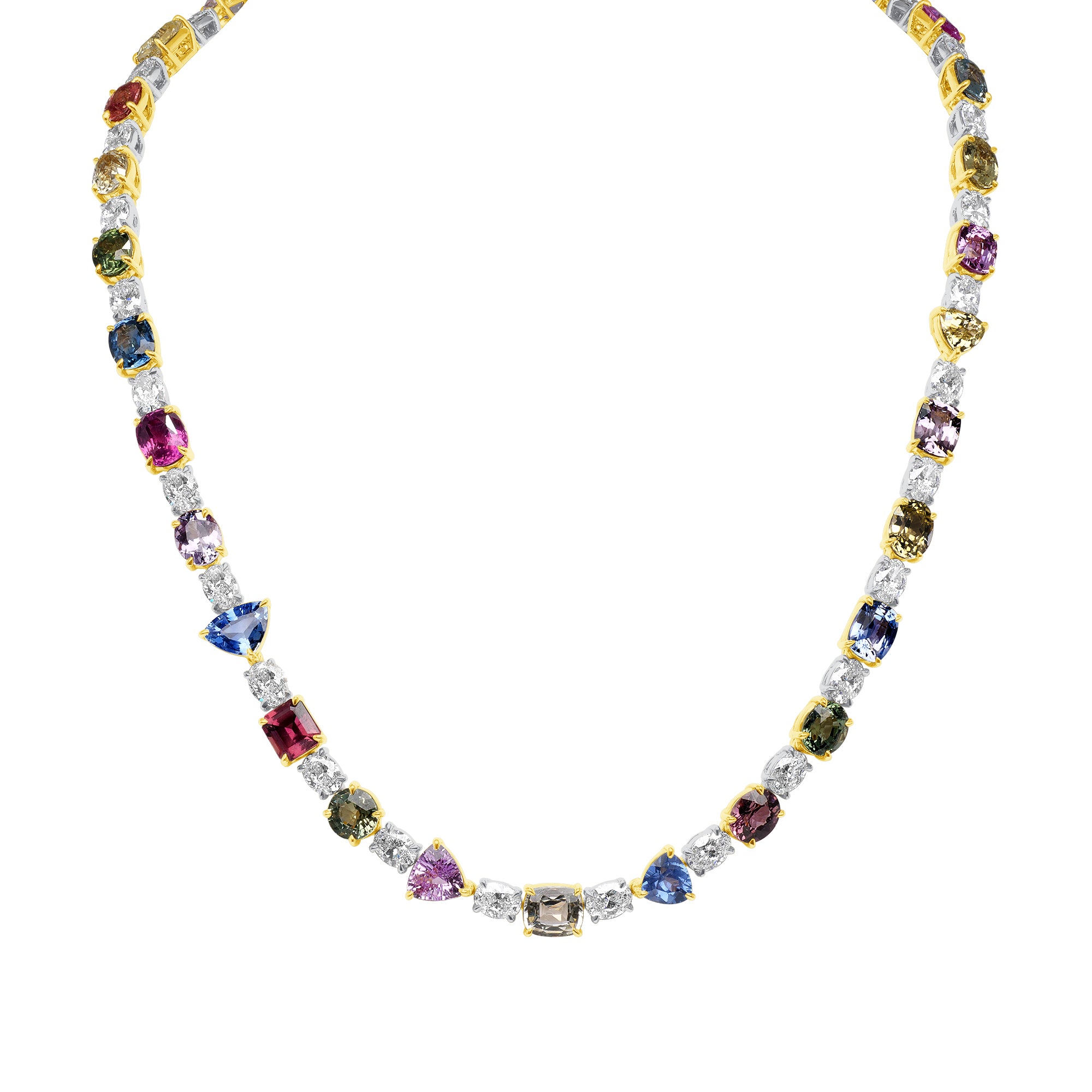53.06 CT. Fancy Shape Sapphire and Oval Cut Diamond Tennis Necklace in 18K White Gold and Yellow Gold