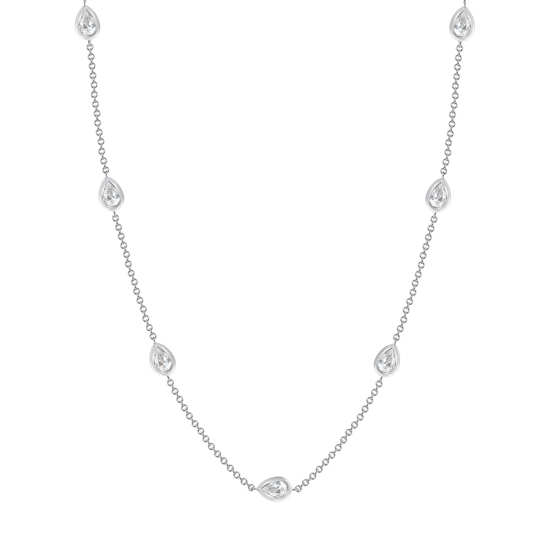 3.42 CT. Pear Cut Diamond Bezel Set Necklace in 14K White Gold.