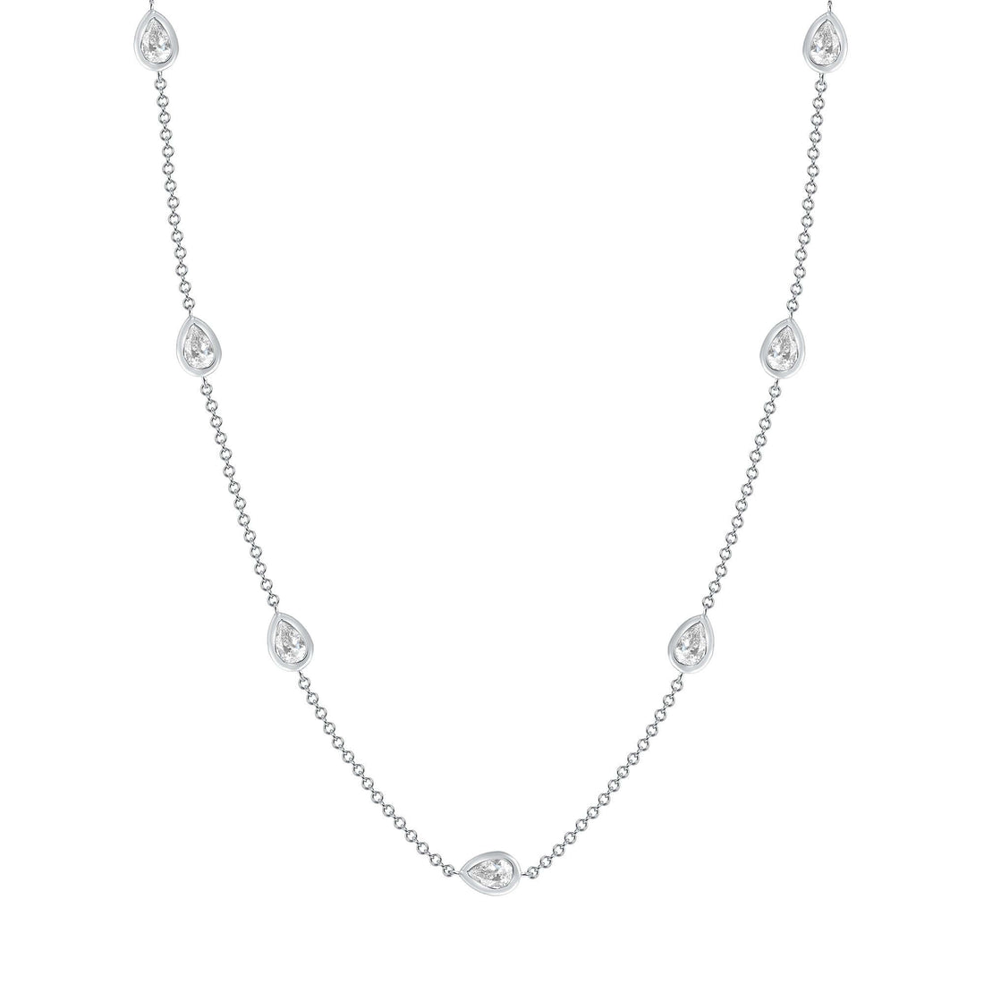 3.42 CT. Pear Cut Diamond Bezel Set Necklace in 14K White Gold. - Station Necklace