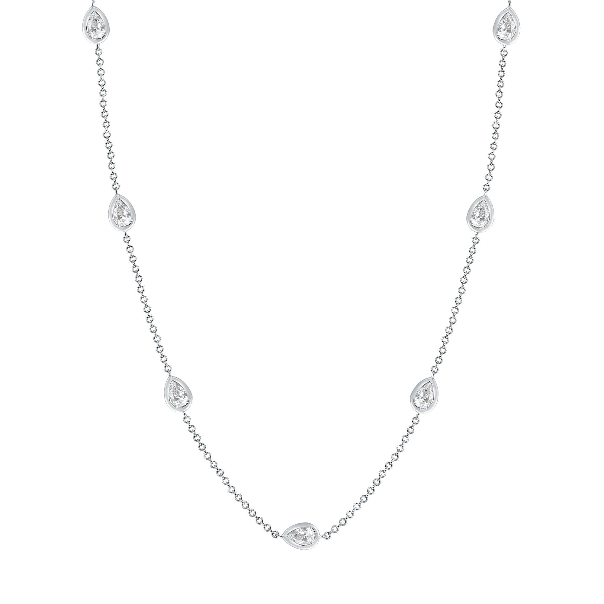 3.42 CT. Pear Cut Diamond Bezel Set Necklace in 14K White Gold. - Station Necklace
