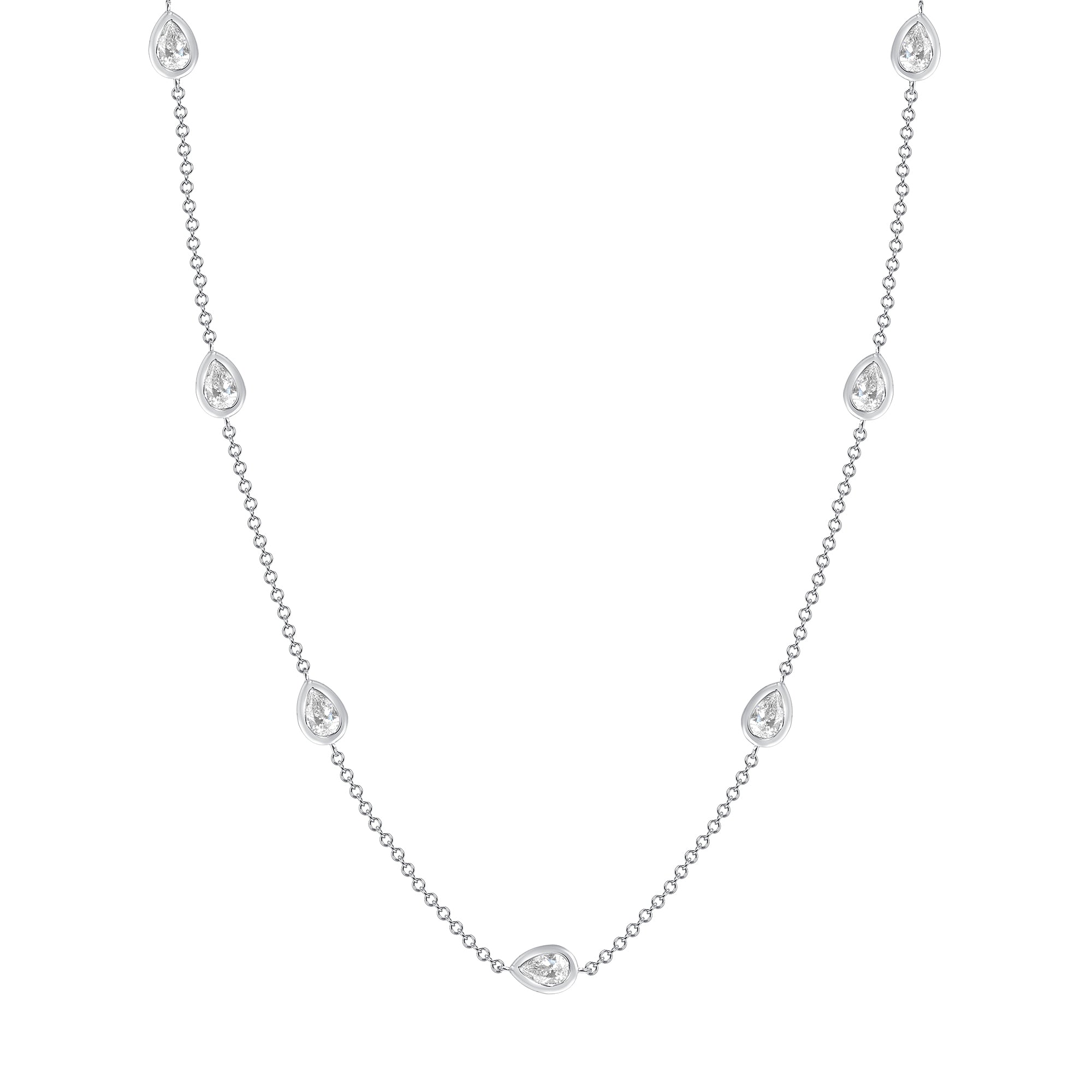 3.42 CT. Pear Cut Diamond Bezel Set Necklace in 14K White Gold.