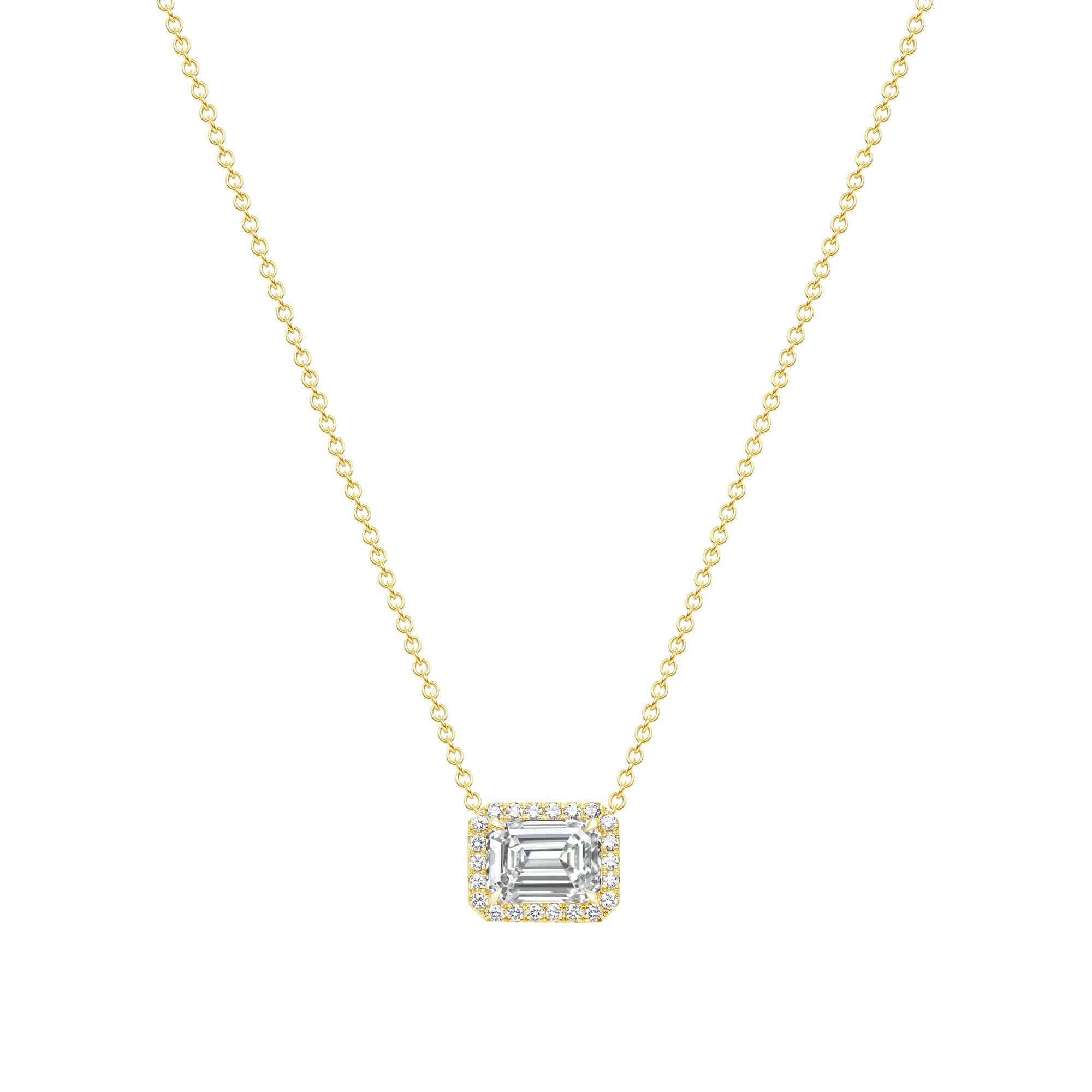 3.23 CT. Halo Emerald Cut Diamond Pendant Necklace in 14K Yellow Gold - Pendant Necklace