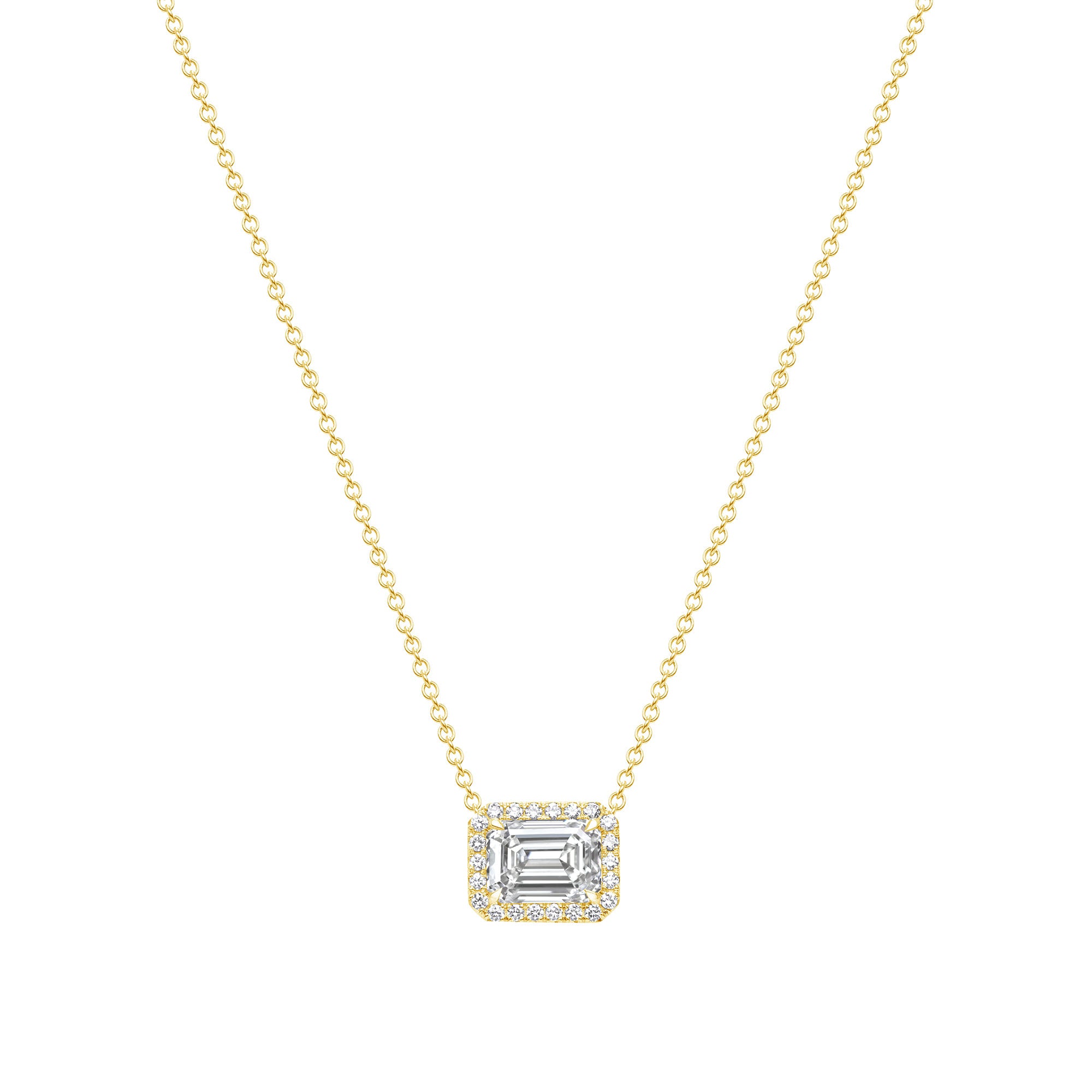 3.23 CT. Halo Emerald Cut Diamond Pendant Necklace in 14K Yellow Gold