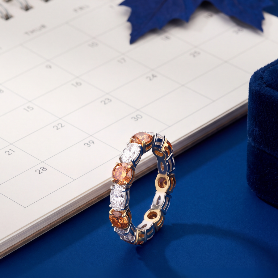 3.73 CTW Eternity Fancy Color and Oval Brilliant Diamond Band in 14K Yellow Gold and Platinum - lifestyle photo
