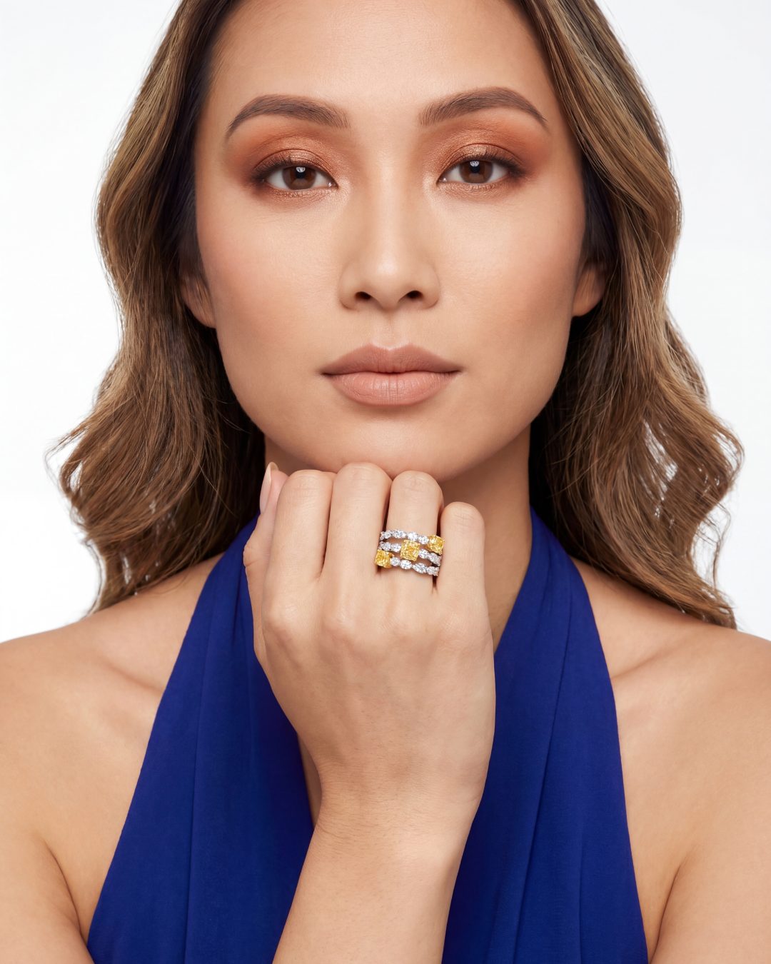 5.39 CT Fancy Yellow Diamond Three Row Ring with Fancy Cut Diamonds in 18K Yellow Gold and Platinum, worn on model - fine jewelry in San Francisco