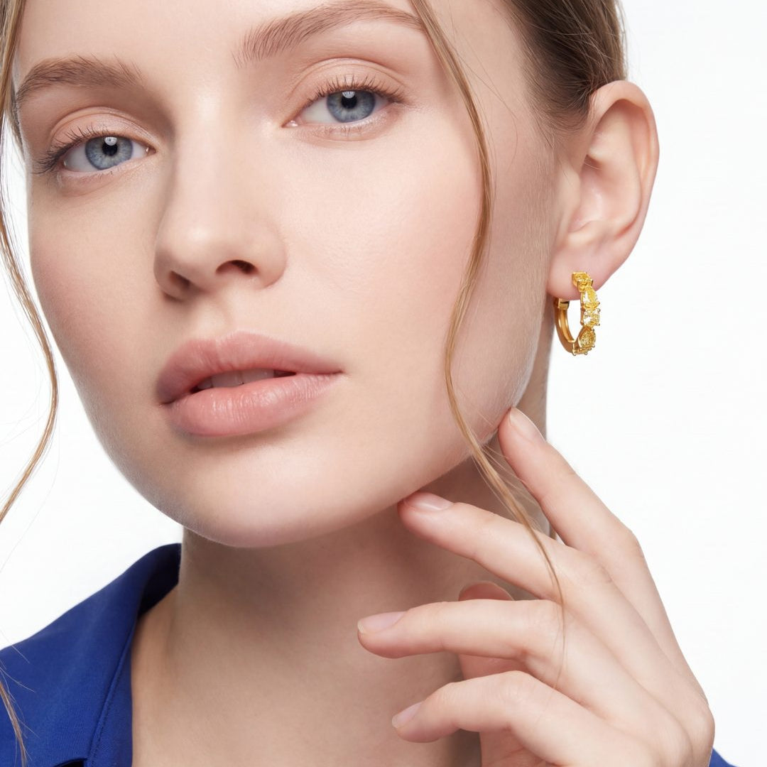 3.10 CT Fancy Yellow Mixed Cut Diamond Hoop Earrings, worn on model, view 2 - fine jewelry in San Francisco