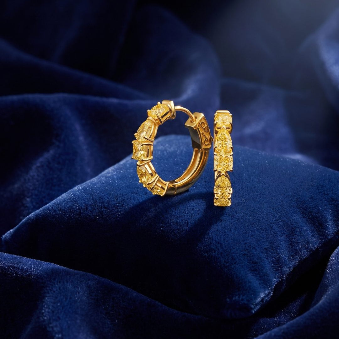 3.10 CT Fancy Yellow Mixed Cut Diamond Hoop Earrings, worn on model, view 3 - fine jewelry in San Francisco