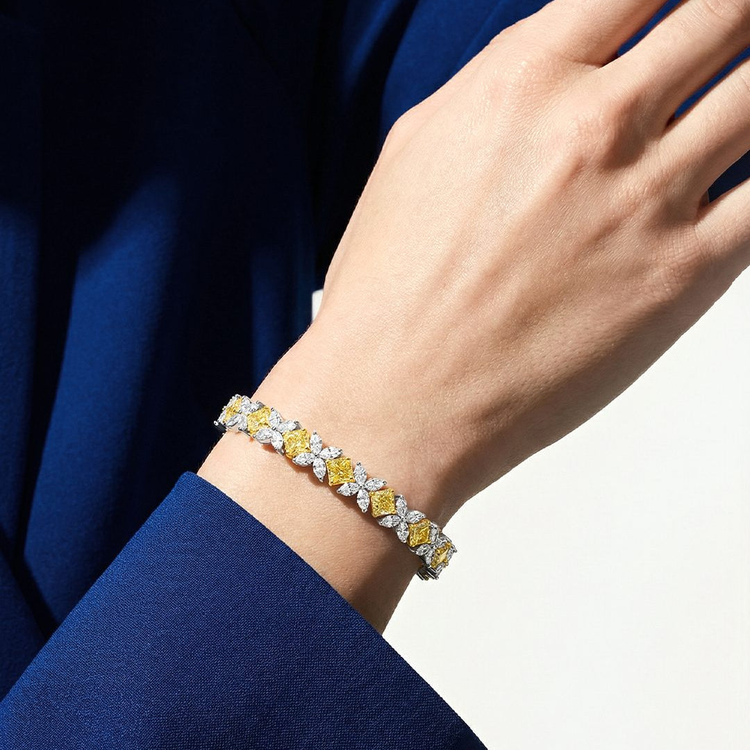 Fancy Yellow Square Diamond and Marquise Diamond Tennis Bracelet in 18K Yellow Gold and Platinum, worn on model - fine jewelry in San Francisco