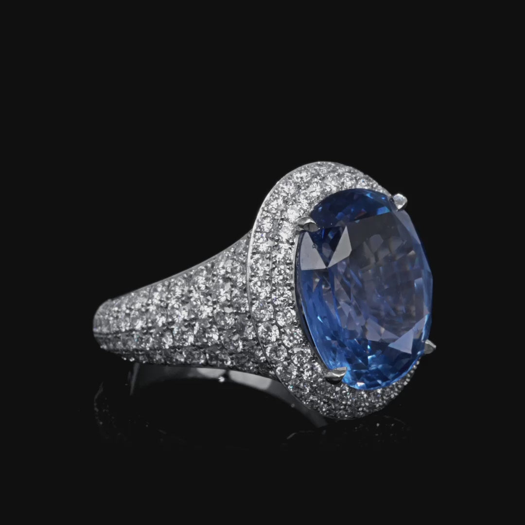 12.35 CT. Oval Cut Blue Sapphire and Round Brilliant Halo Diamond Ring in Platinum